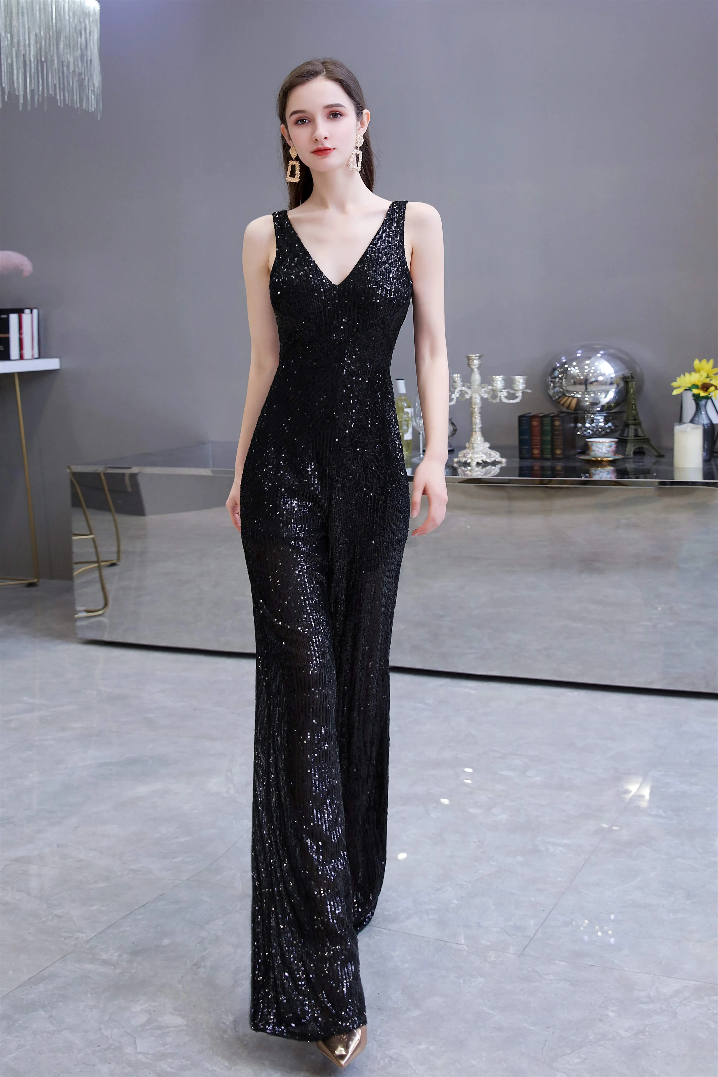 Shining V-neck Sequin Sleeveless Prom Jumpsuit