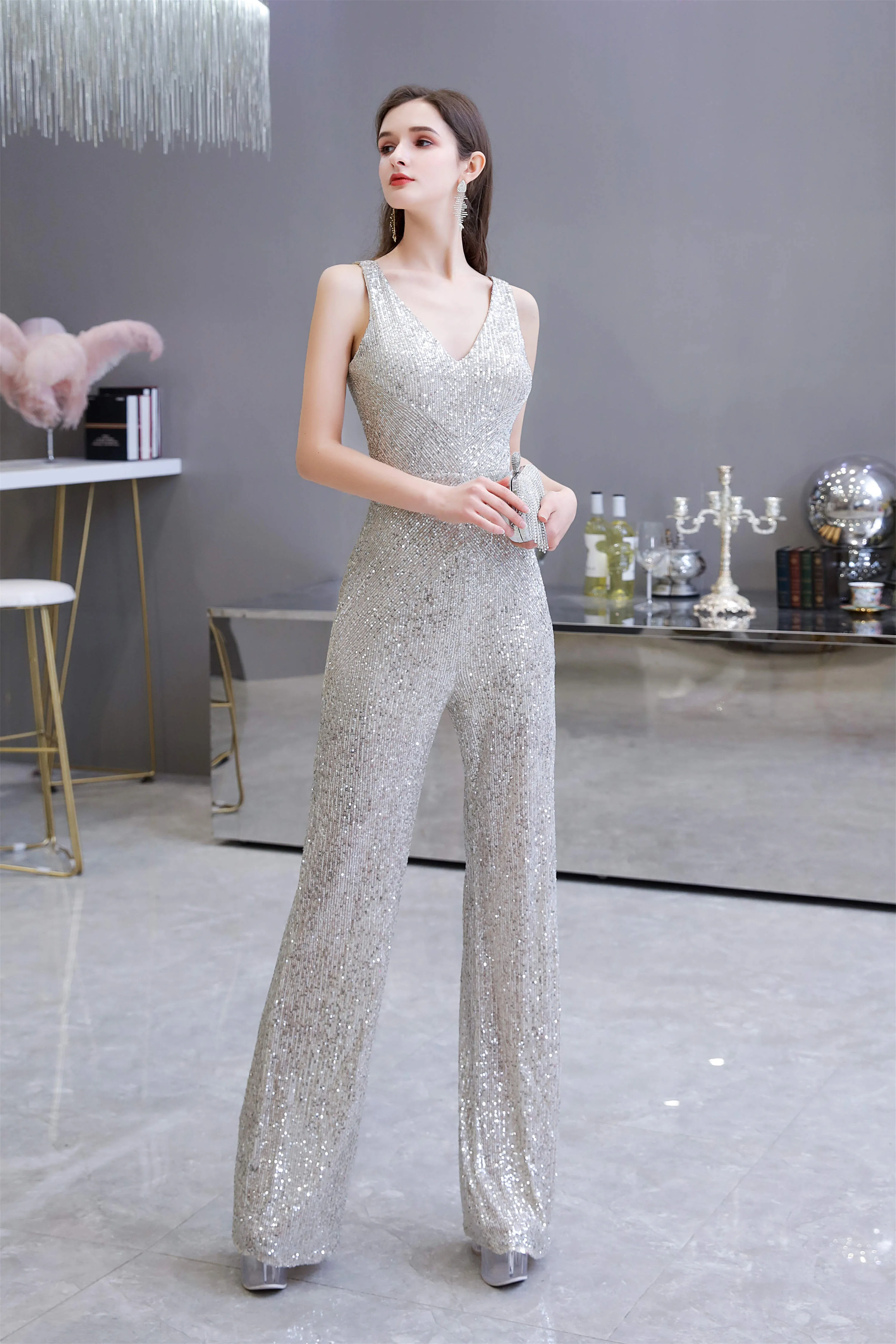 Shining V-neck Sequin Sleeveless Prom Jumpsuit