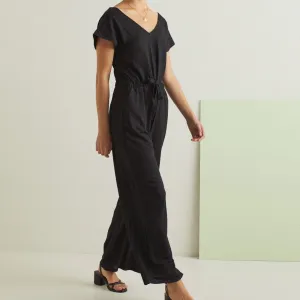 Short-Sleeve V-neck Jumpsuit Black