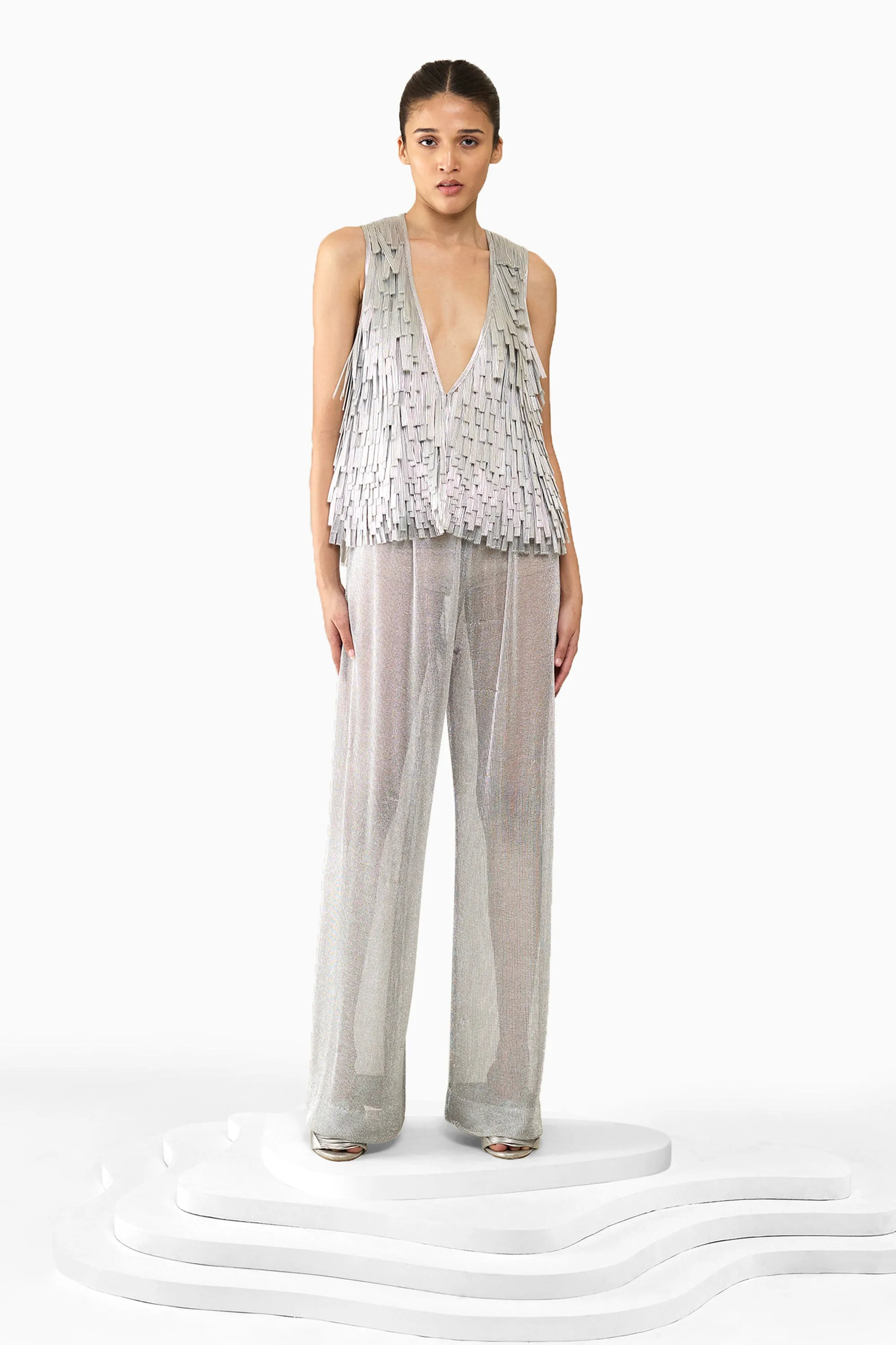 SILVER FRINGE GILET TOP
