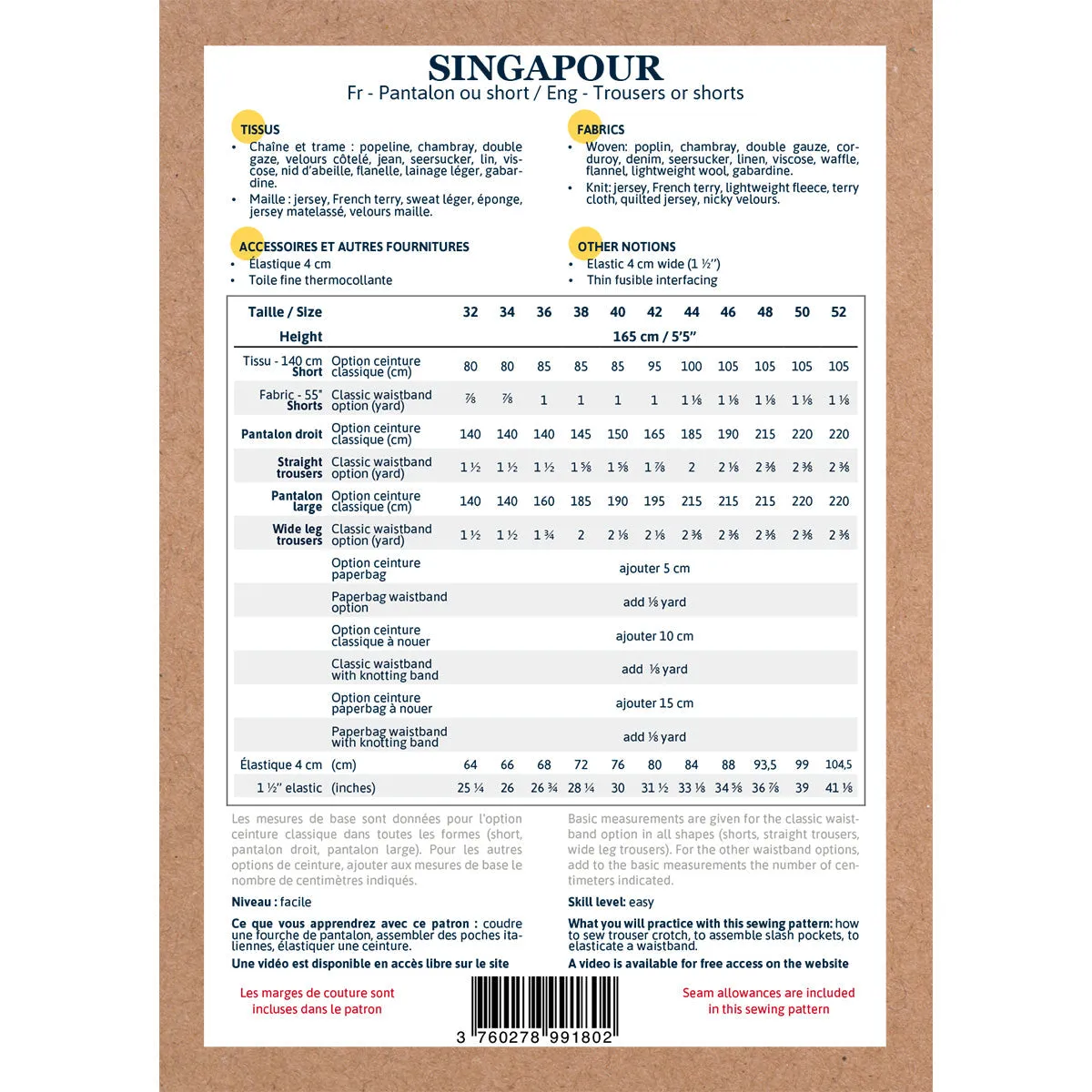 SINGAPOUR - Trousers and shorts - Women 32-52 - PDF Sewing Pattern