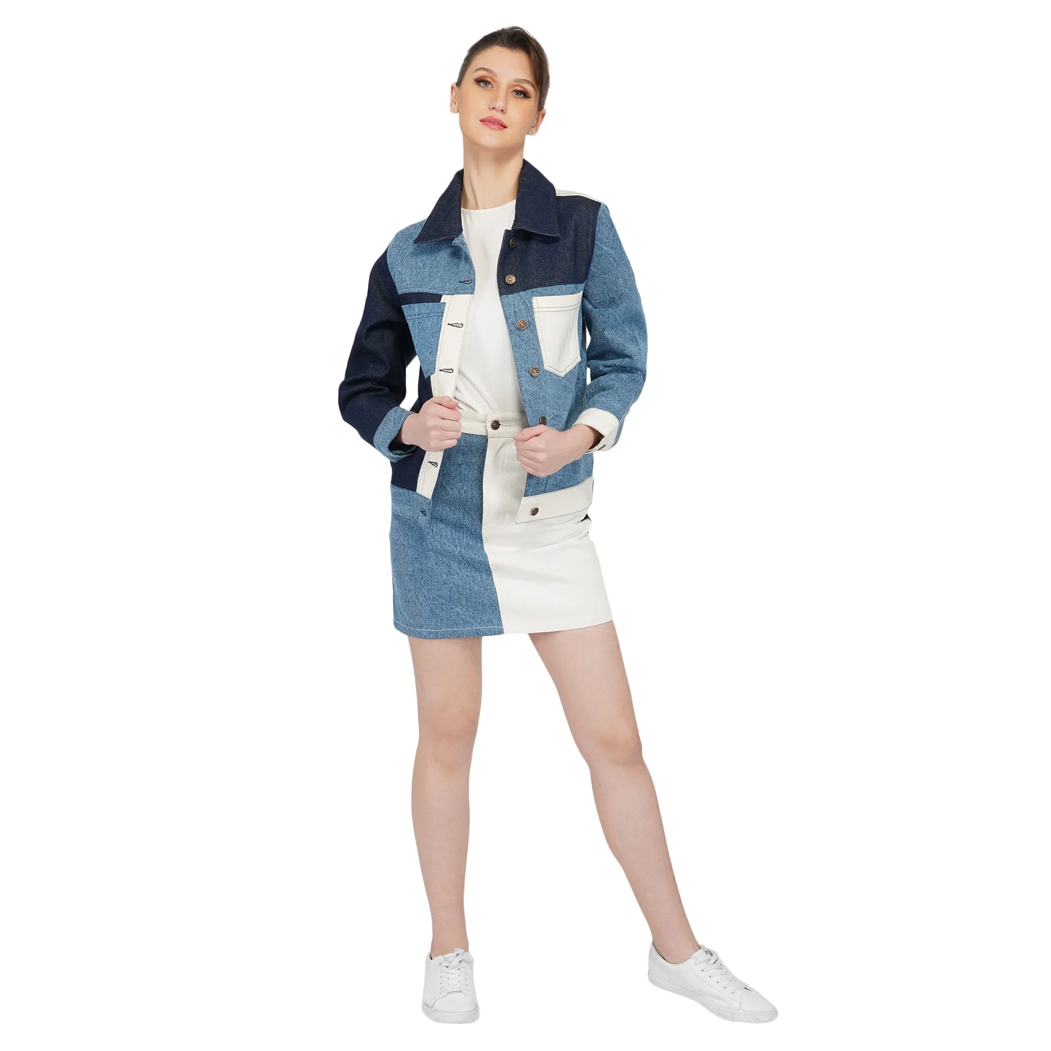 SLAY. Women's Blue & White Colorblock Denim Jacket & Skirt Co-ord Set