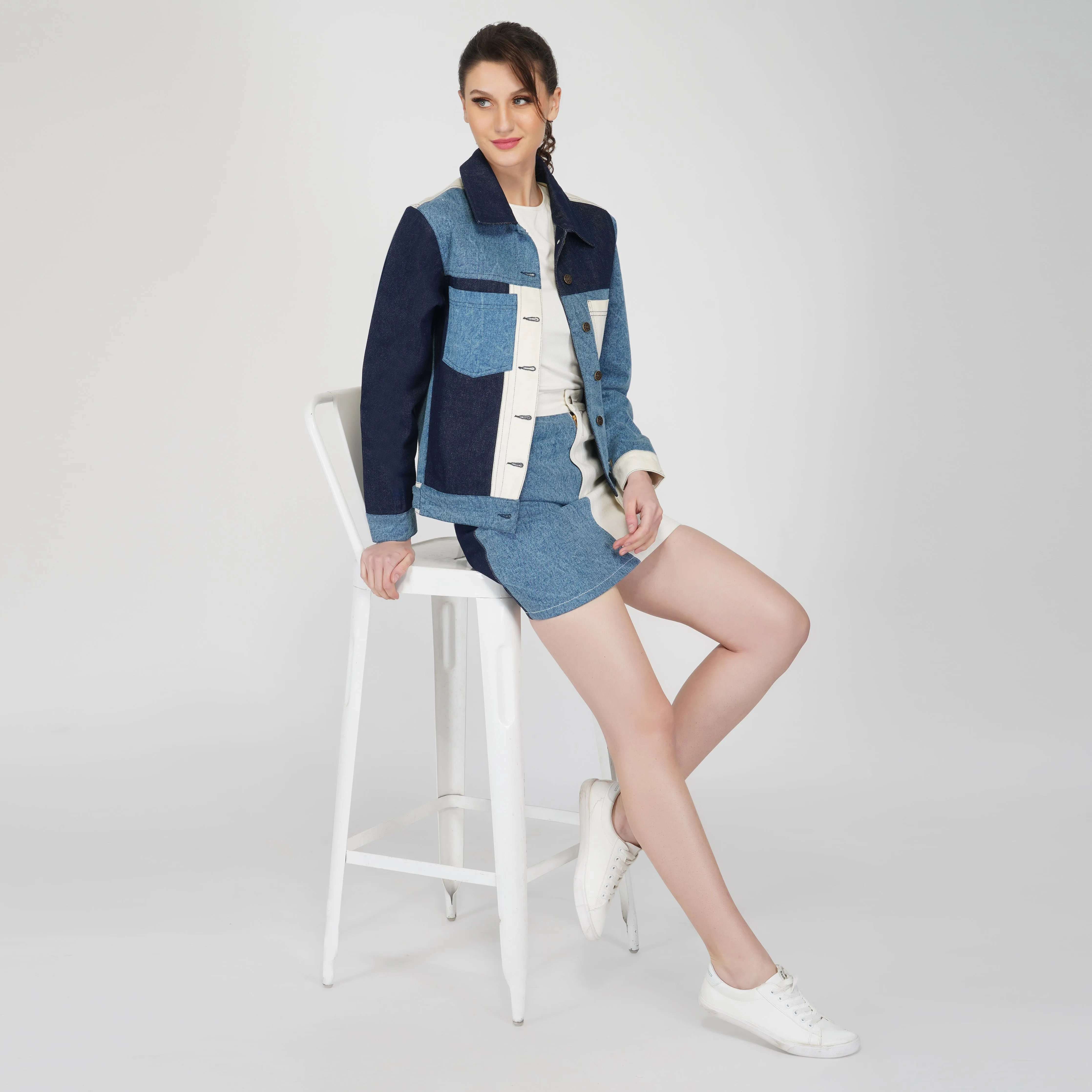 SLAY. Women's Blue & White Colorblock Denim Jacket & Skirt Co-ord Set