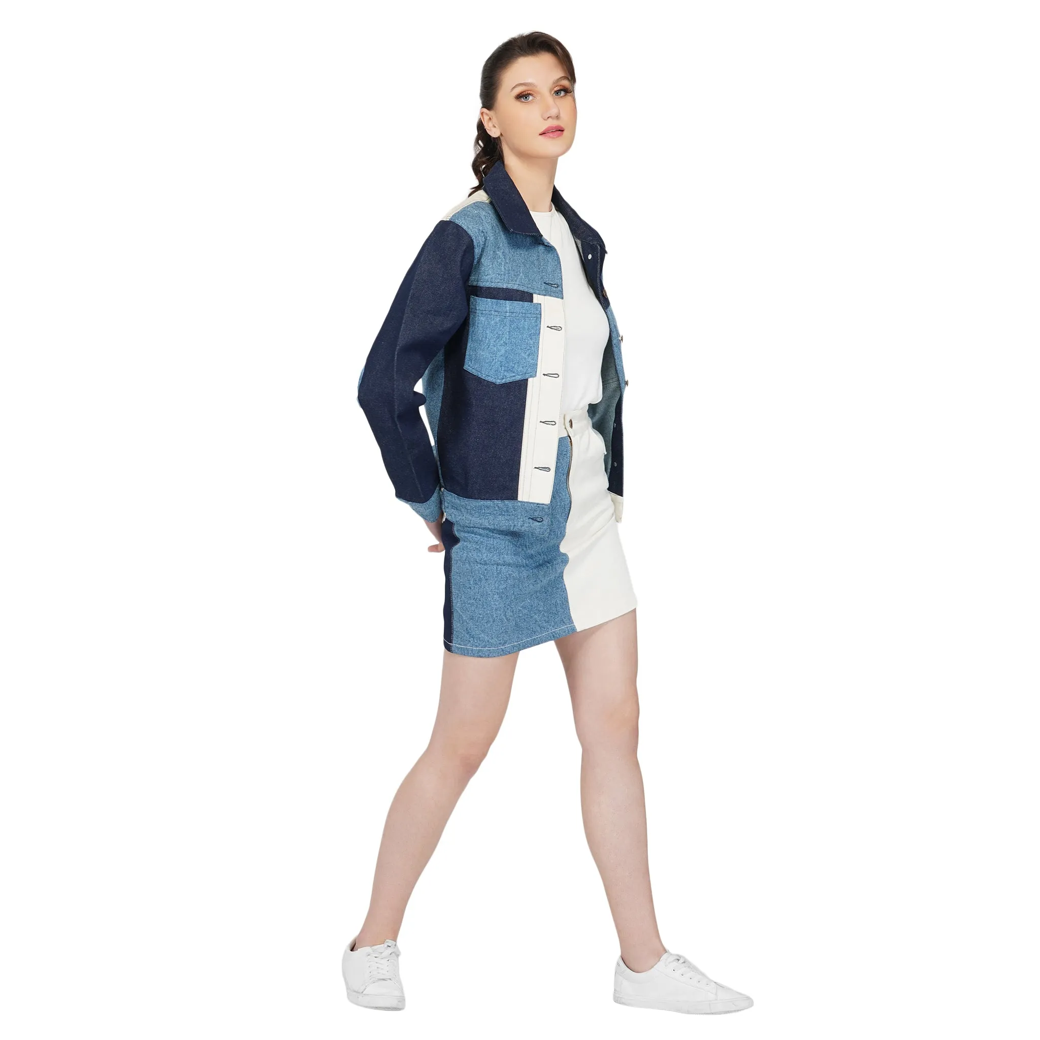 SLAY. Women's Blue & White Colorblock Denim Jacket & Skirt Co-ord Set