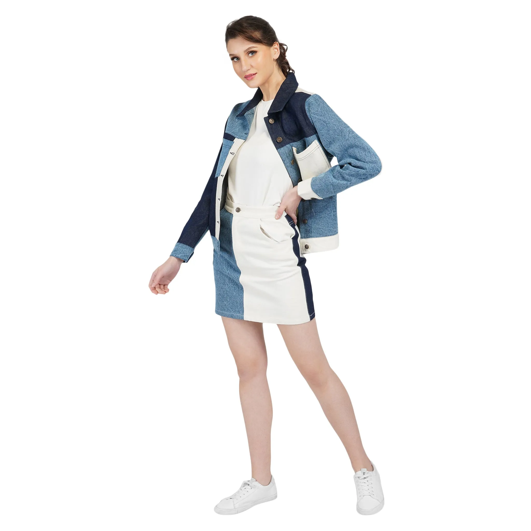 SLAY. Women's Blue & White Colorblock Denim Jacket & Skirt Co-ord Set