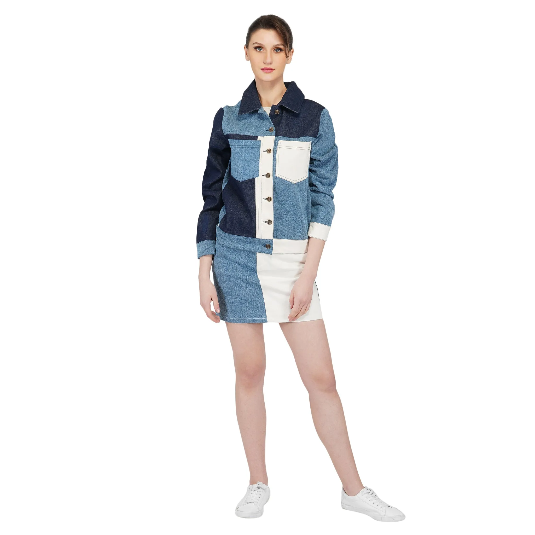 SLAY. Women's Blue & White Colorblock Denim Jacket & Skirt Co-ord Set