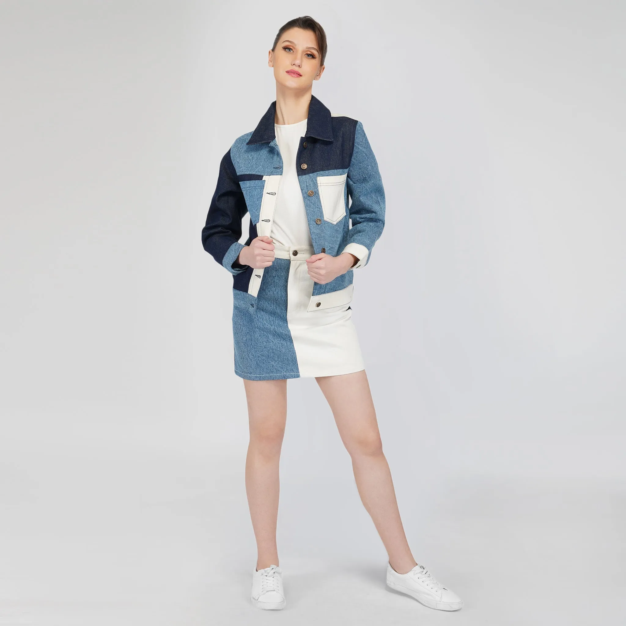 SLAY. Women's Blue & White Colorblock Denim Jacket & Skirt Co-ord Set