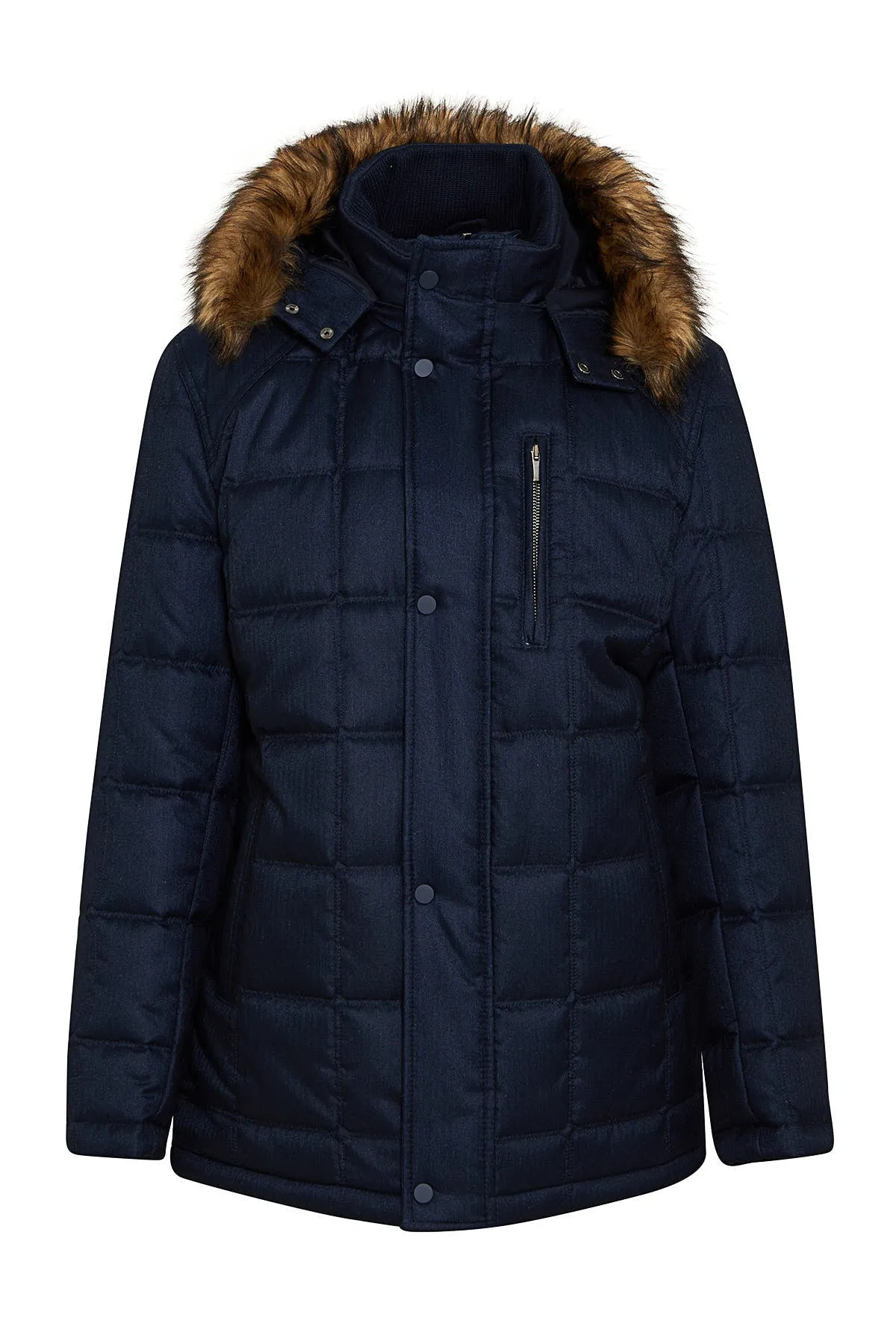 Slim Fit Eagle Furry Hooded Navy Coat, Navy