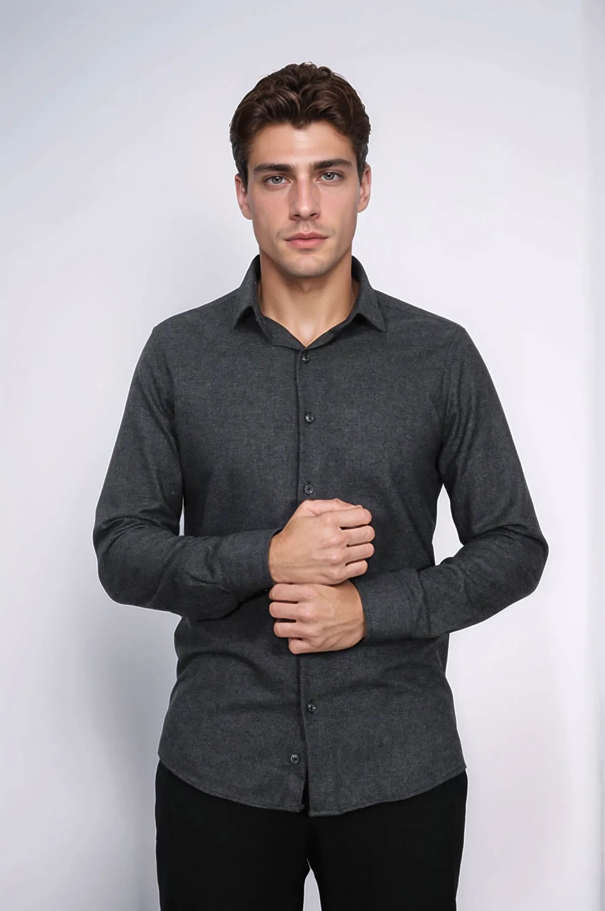Slim Fit Plain Dark Grey Men Lumberjack Shirt - Wessi