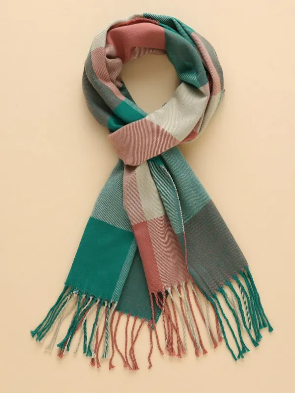 Soft Fringe Hem Plaid Scarf - Multicolour