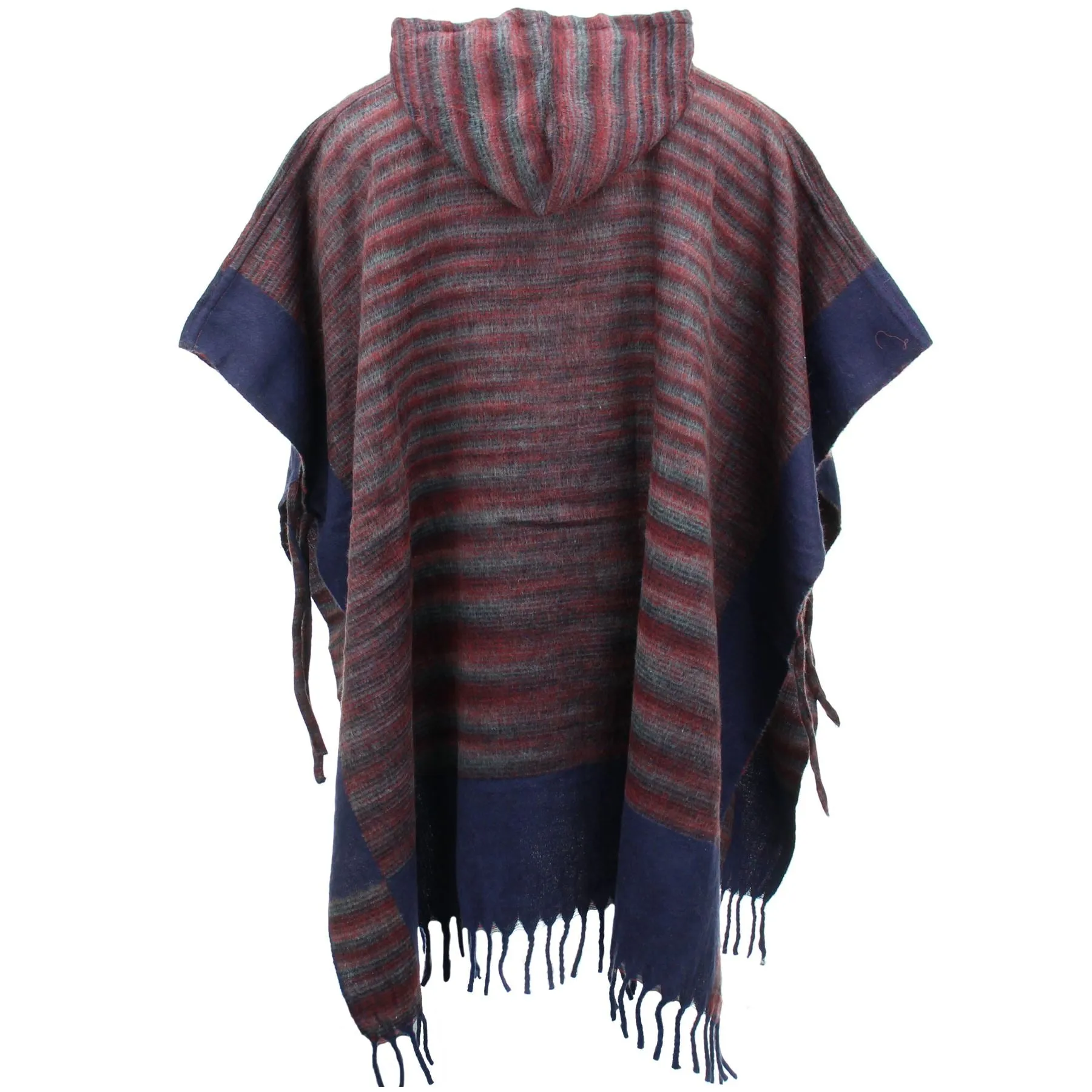 Soft Vegan Wool Hooded Tibet Poncho - Red Grey & Navy