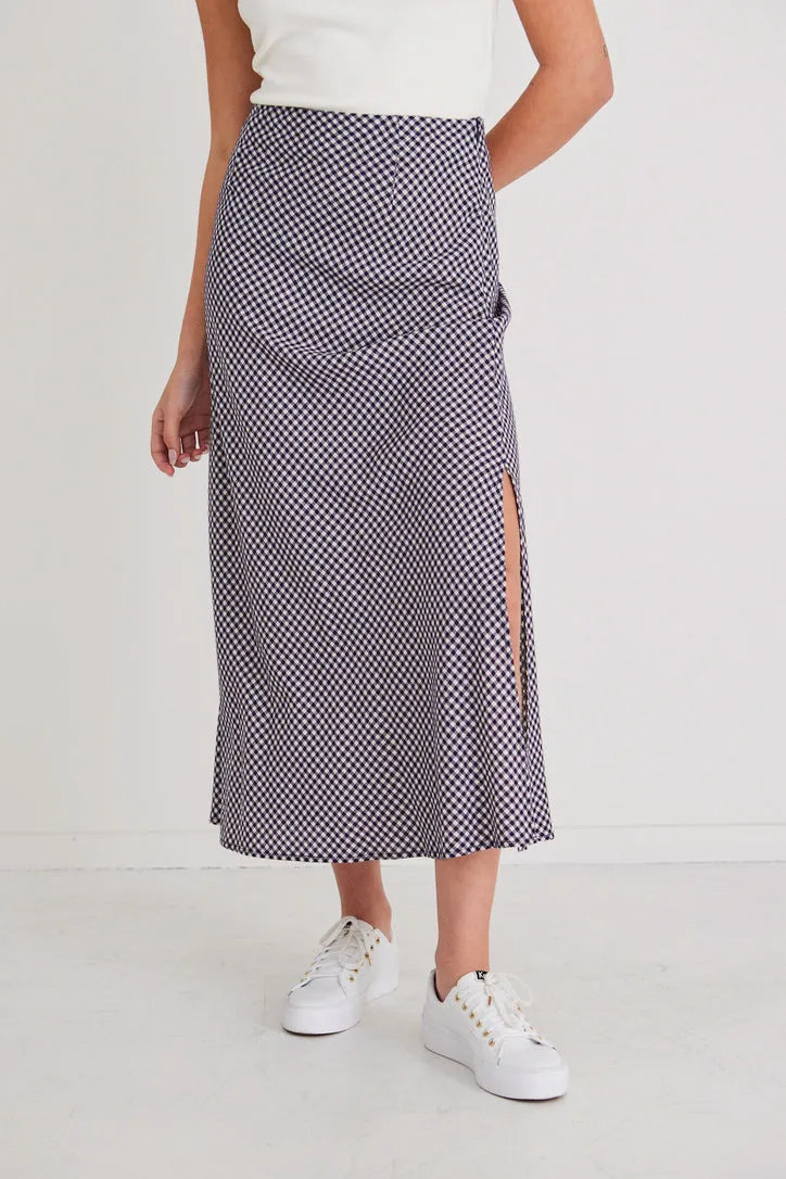 Stunning Navy Gingham Bias Midi Skirt