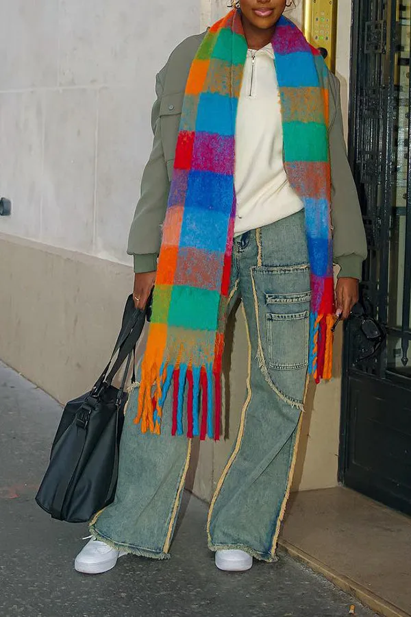 Stylish Colourful Fringe Trim Colorblock Scarf