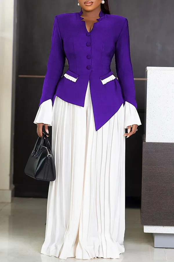 Stylish Trumpet Sleeve Blazer & Pleated Pants Set