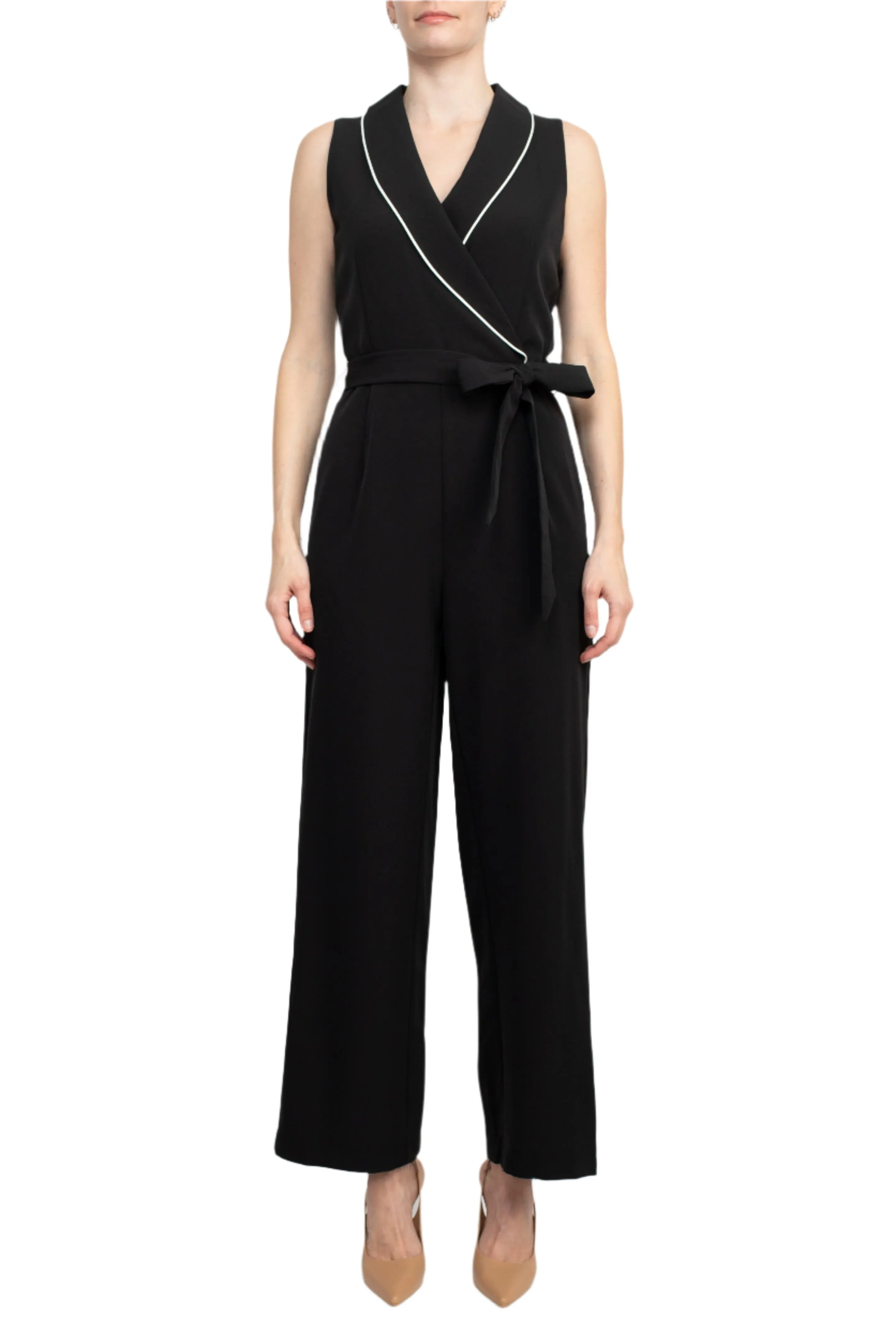 Tahari Lapel Collar V-Neck Sleeveless Piping Detail Tie Waist Scuba Jumpsuit