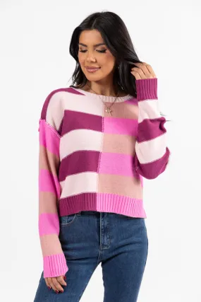 Take Your Time Pink and Berry Multi Color Block Striped Crop Sweater FINAL SALE