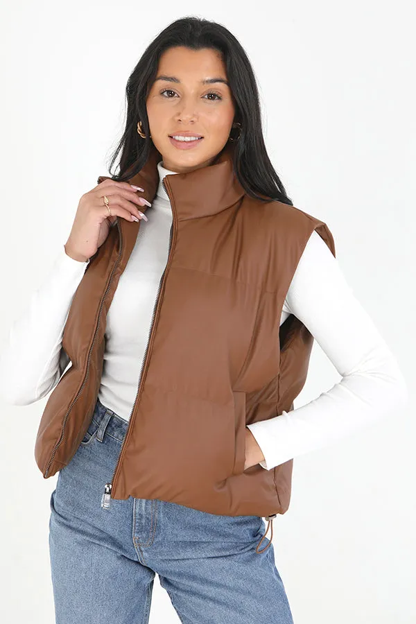 TAN FAUX LEATHER HIGH NECK PADDED PUFFER JACKET