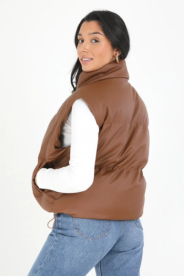 TAN FAUX LEATHER HIGH NECK PADDED PUFFER JACKET