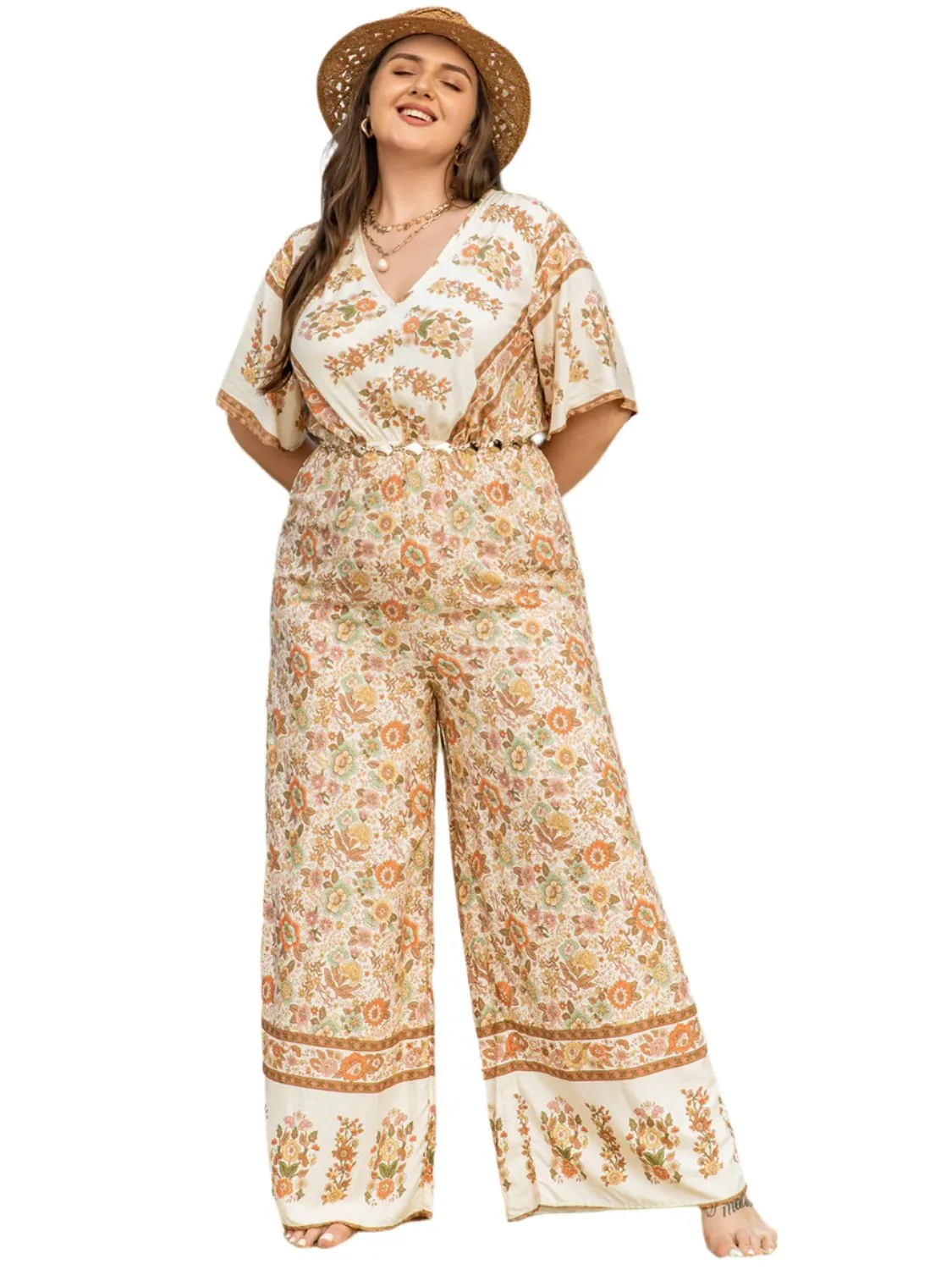 TEEK - Plus Size V-Neck Flutter Sleeve Wide Leg Apricot Jumpsuit