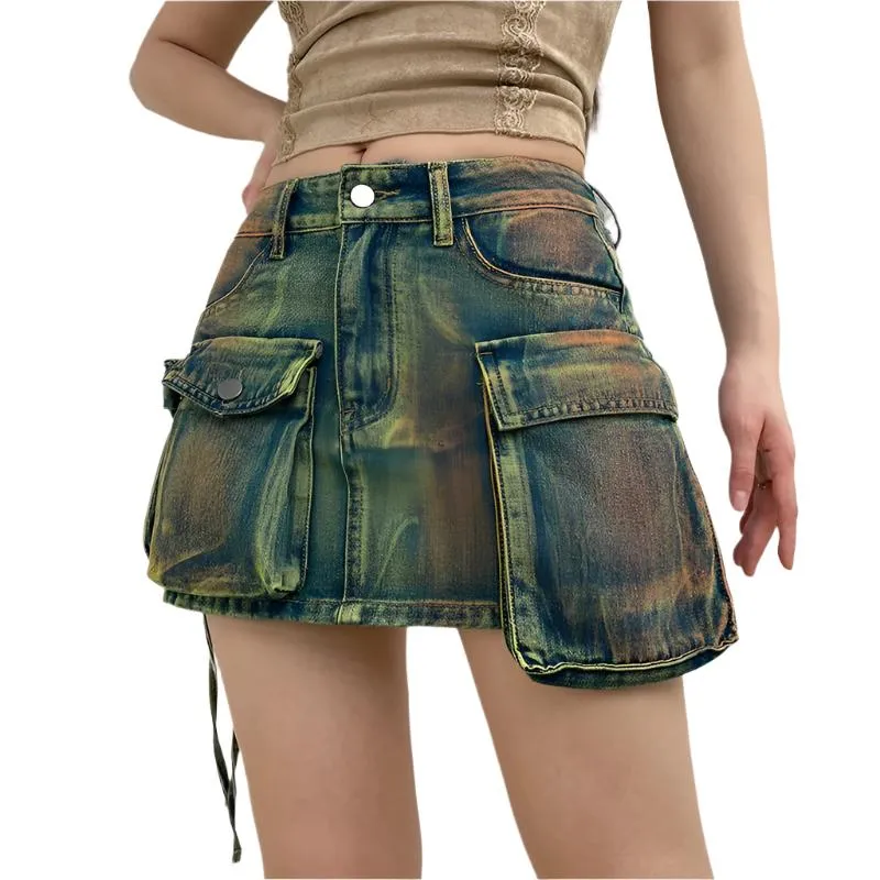 TEEK - Tie Dye Denim Abnormal Pockets Skirt