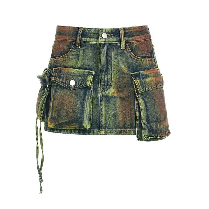 TEEK - Tie Dye Denim Abnormal Pockets Skirt