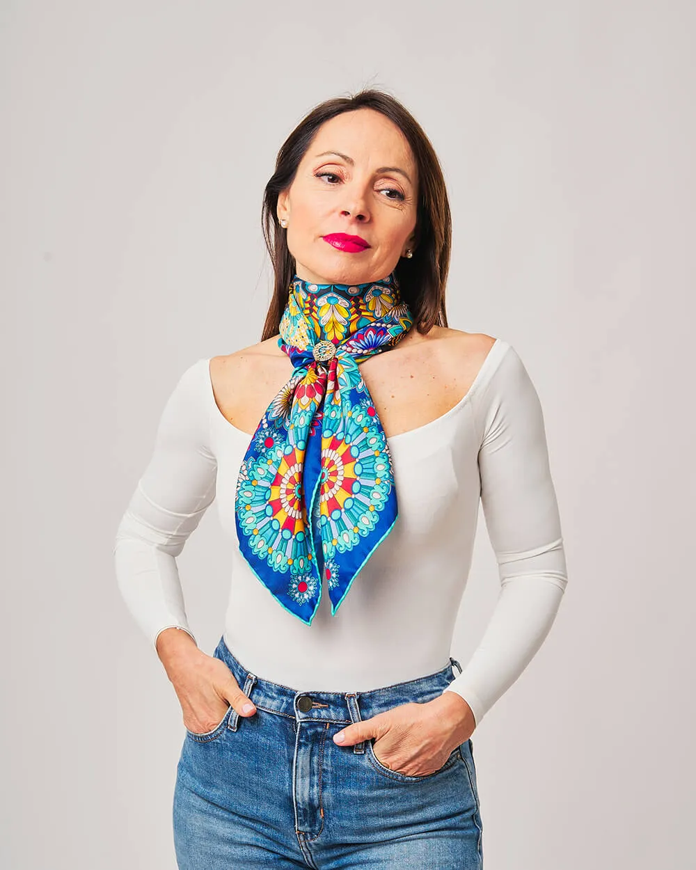 The Flower of Taormina Blue Silk Twill Scarf and Ring