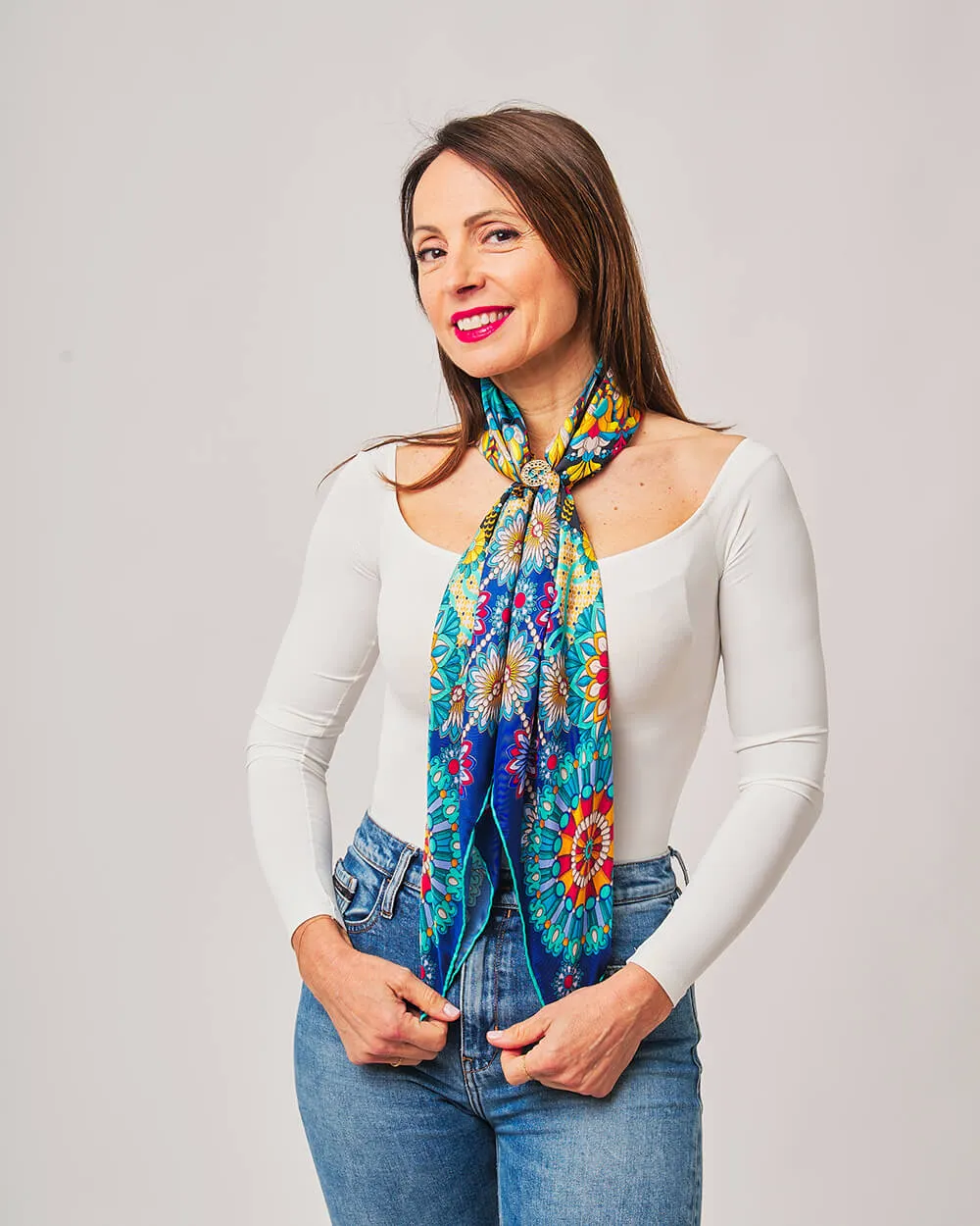 The Flower of Taormina Blue Silk Twill Scarf and Ring