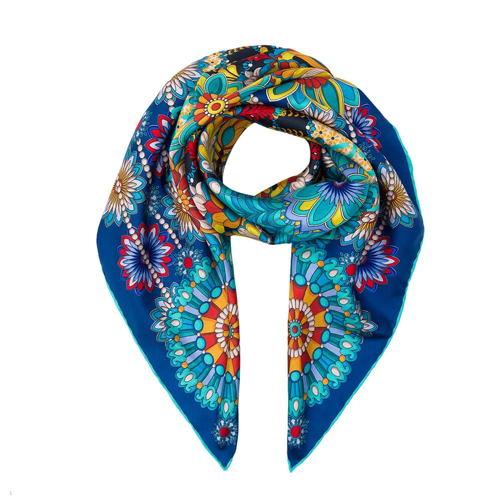 The Flower of Taormina Blue Silk Twill Scarf and Ring