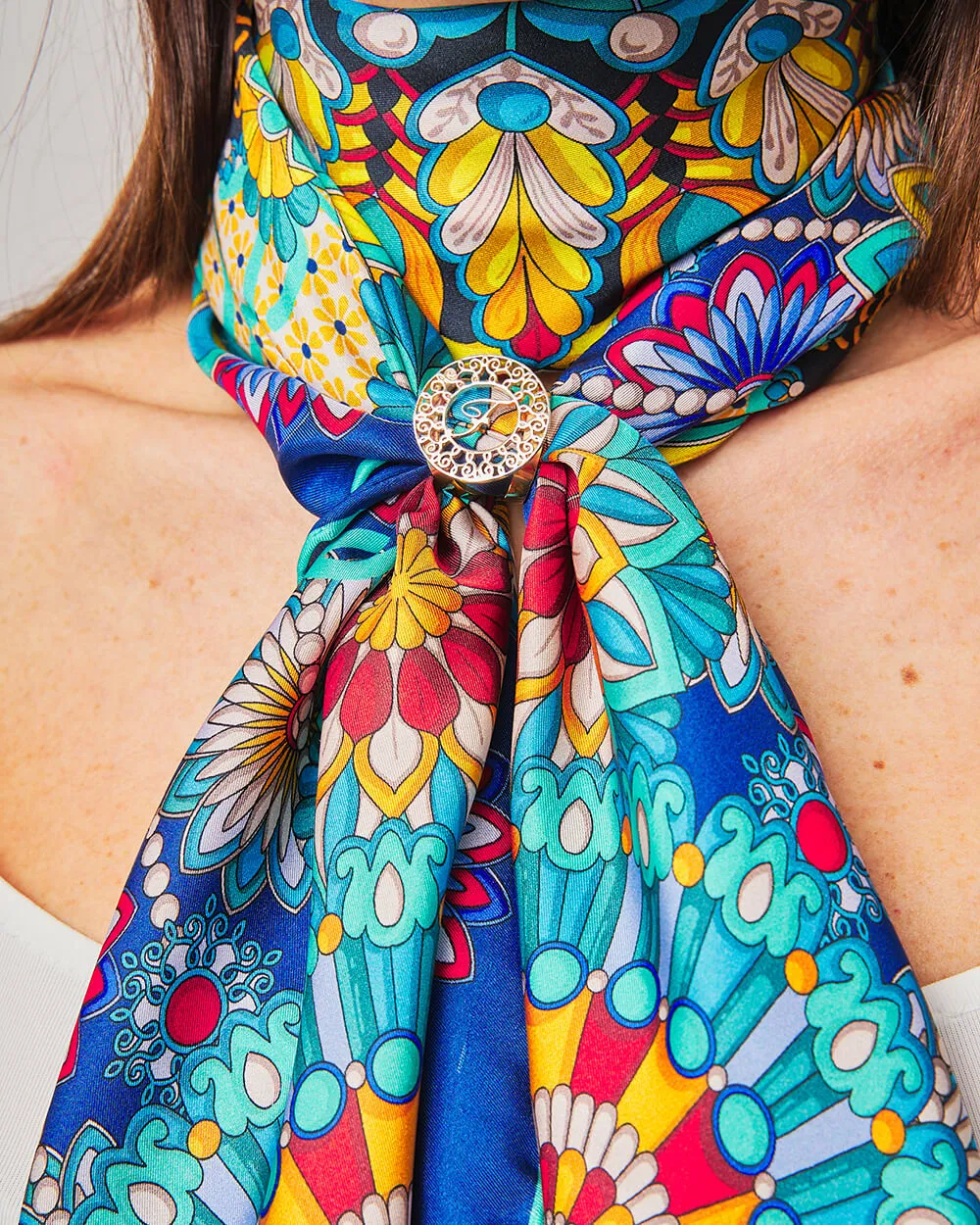 The Flower of Taormina Blue Silk Twill Scarf and Ring