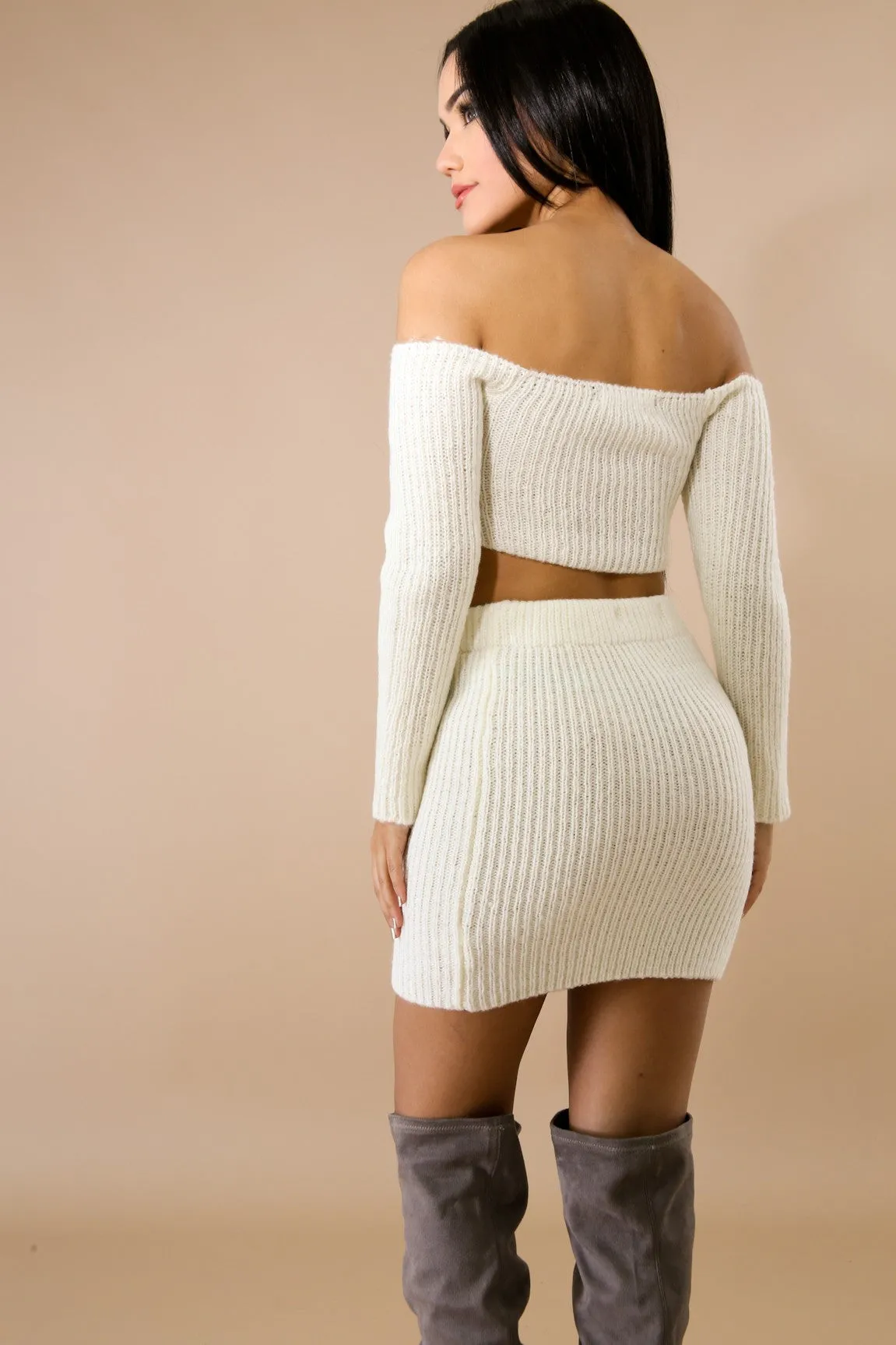 Thick Long Sleeve Off Shoulder Skirt Set