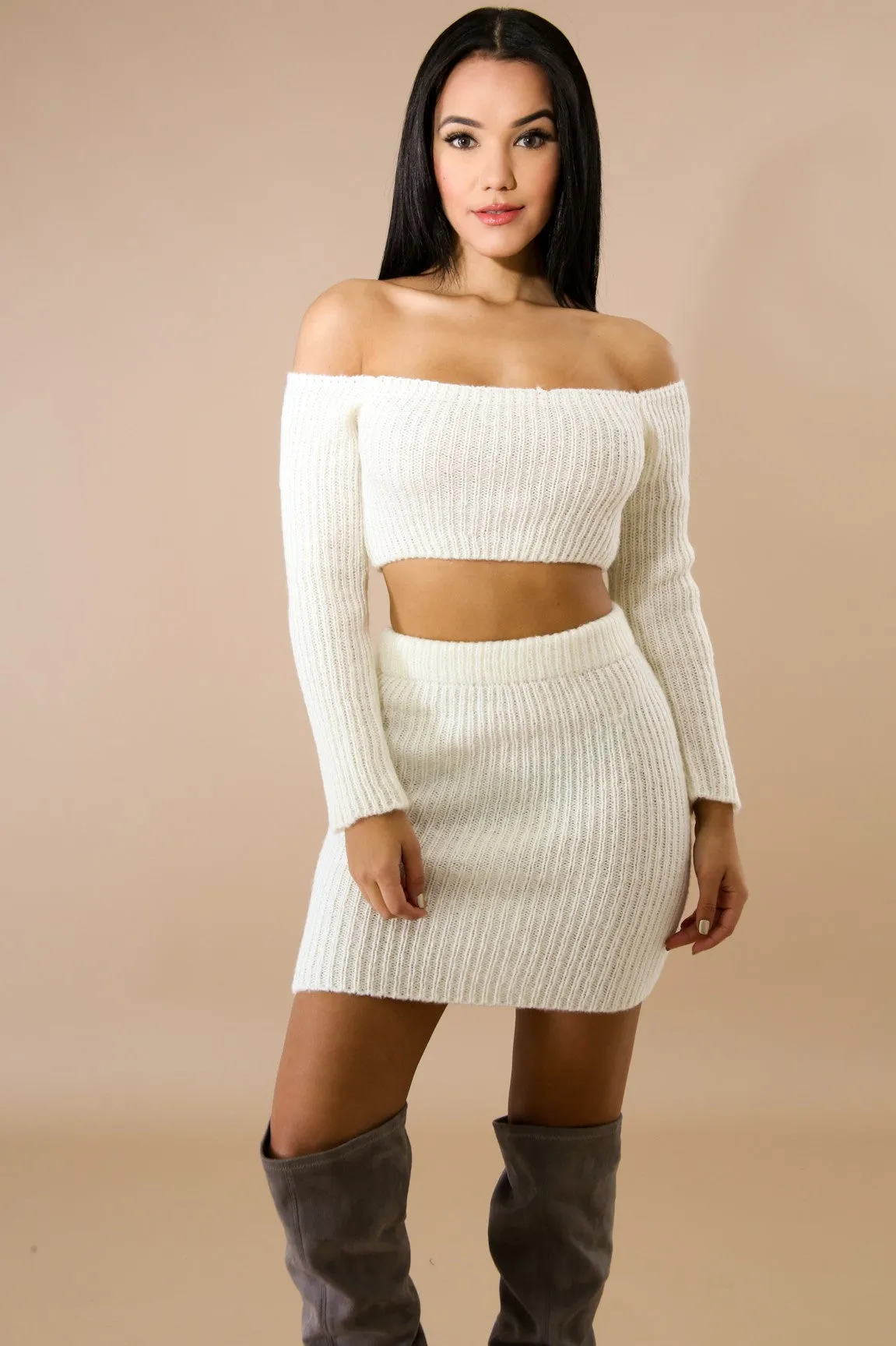 Thick Long Sleeve Off Shoulder Skirt Set