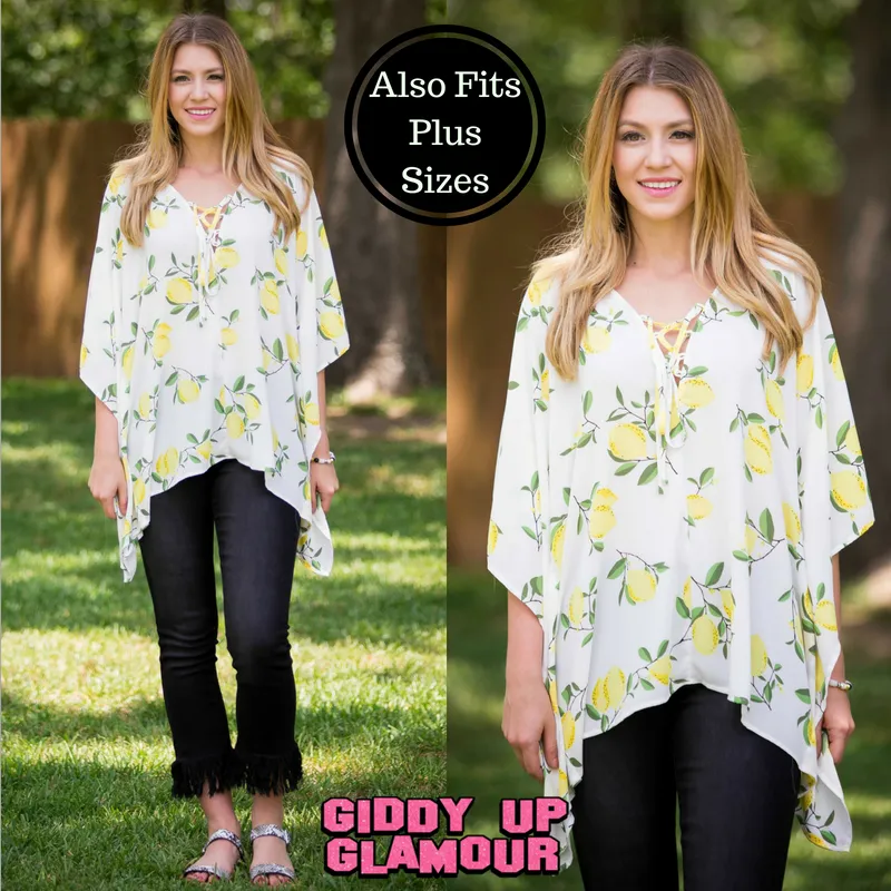 This Is Happiness Lemon Print Oversized Poncho Top with Lace Up Detail