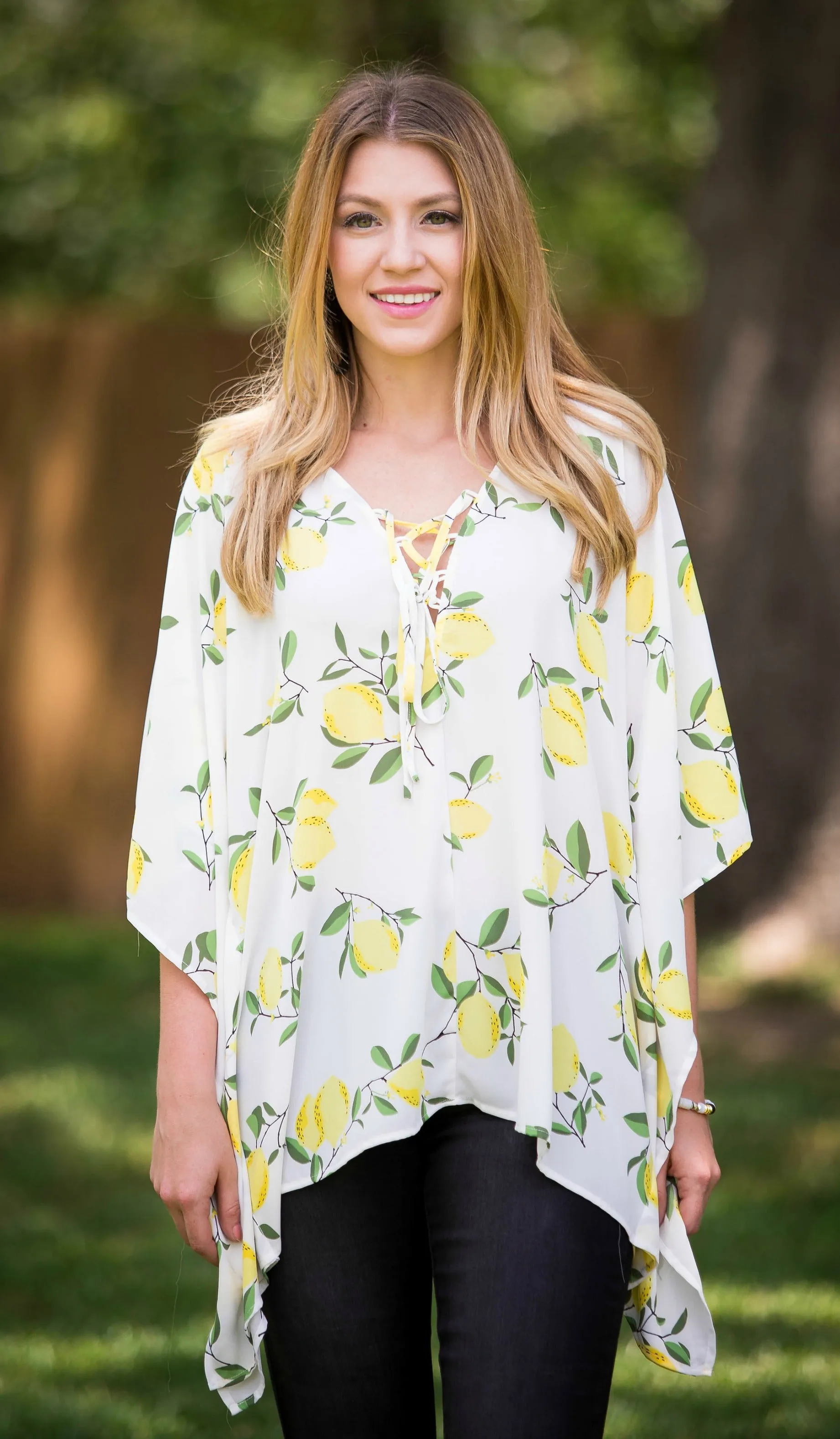 This Is Happiness Lemon Print Oversized Poncho Top with Lace Up Detail