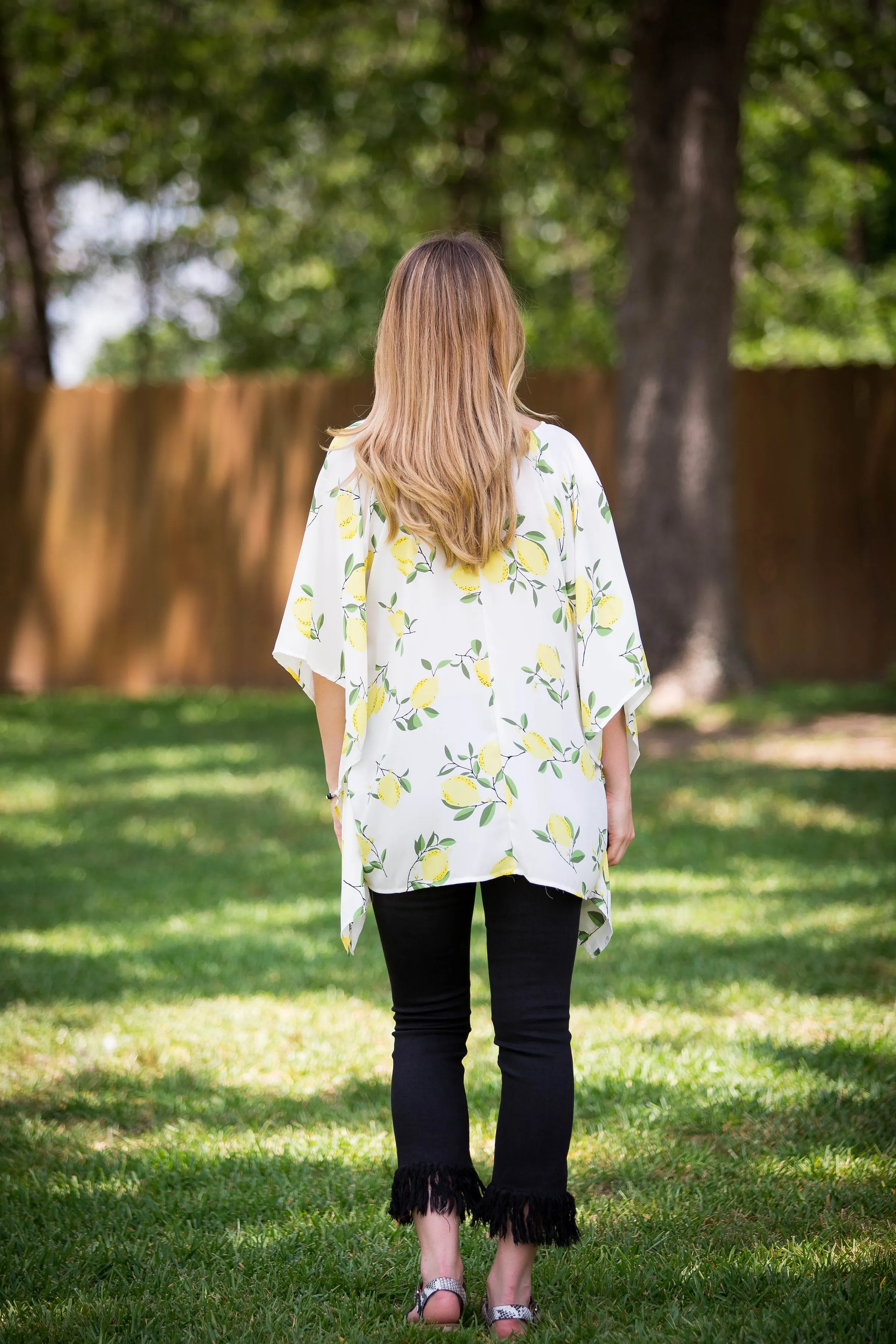 This Is Happiness Lemon Print Oversized Poncho Top with Lace Up Detail