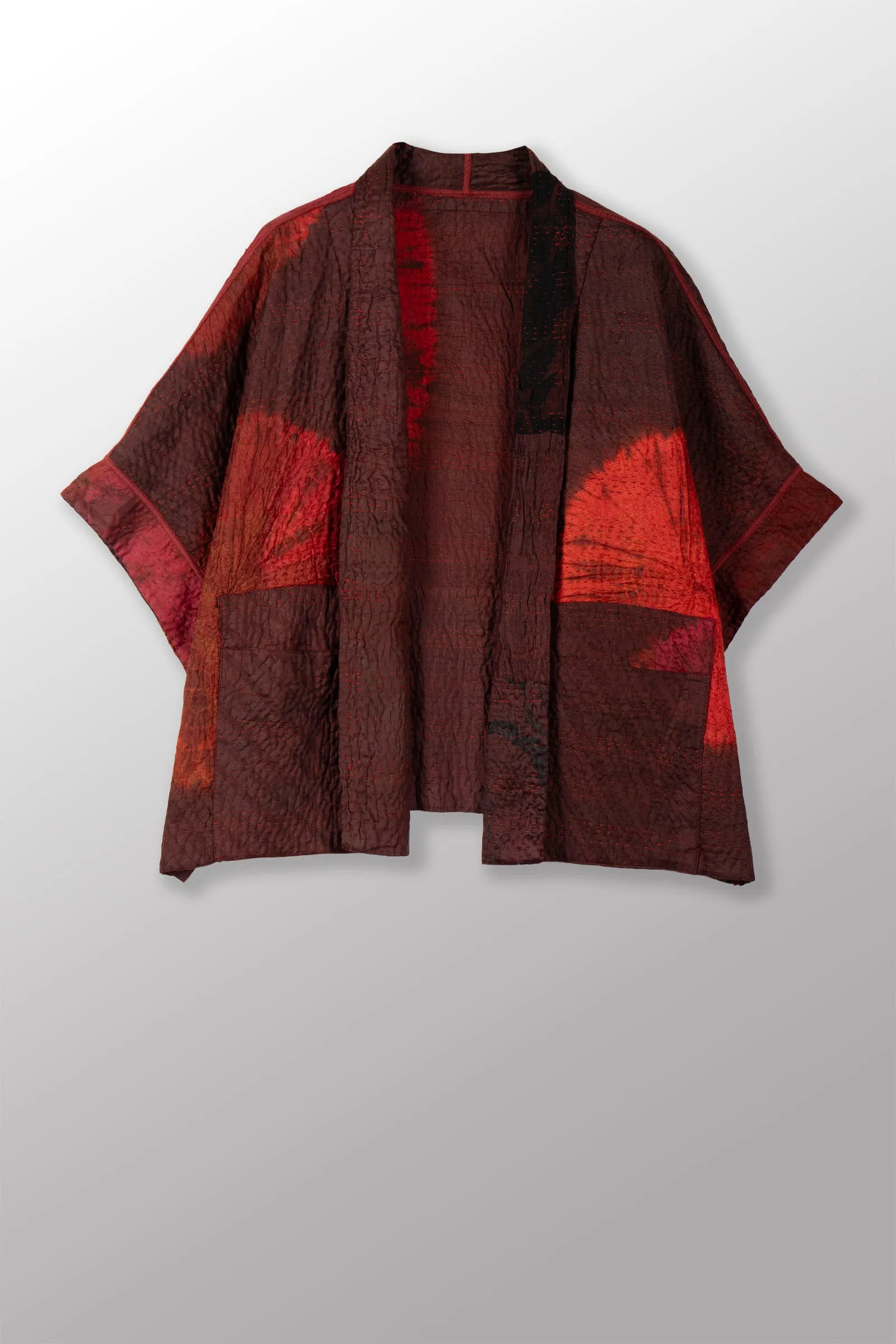 TIE DYE CIRCLE SHIBORI KANTHA MINI PONCHO - td4060-brn -