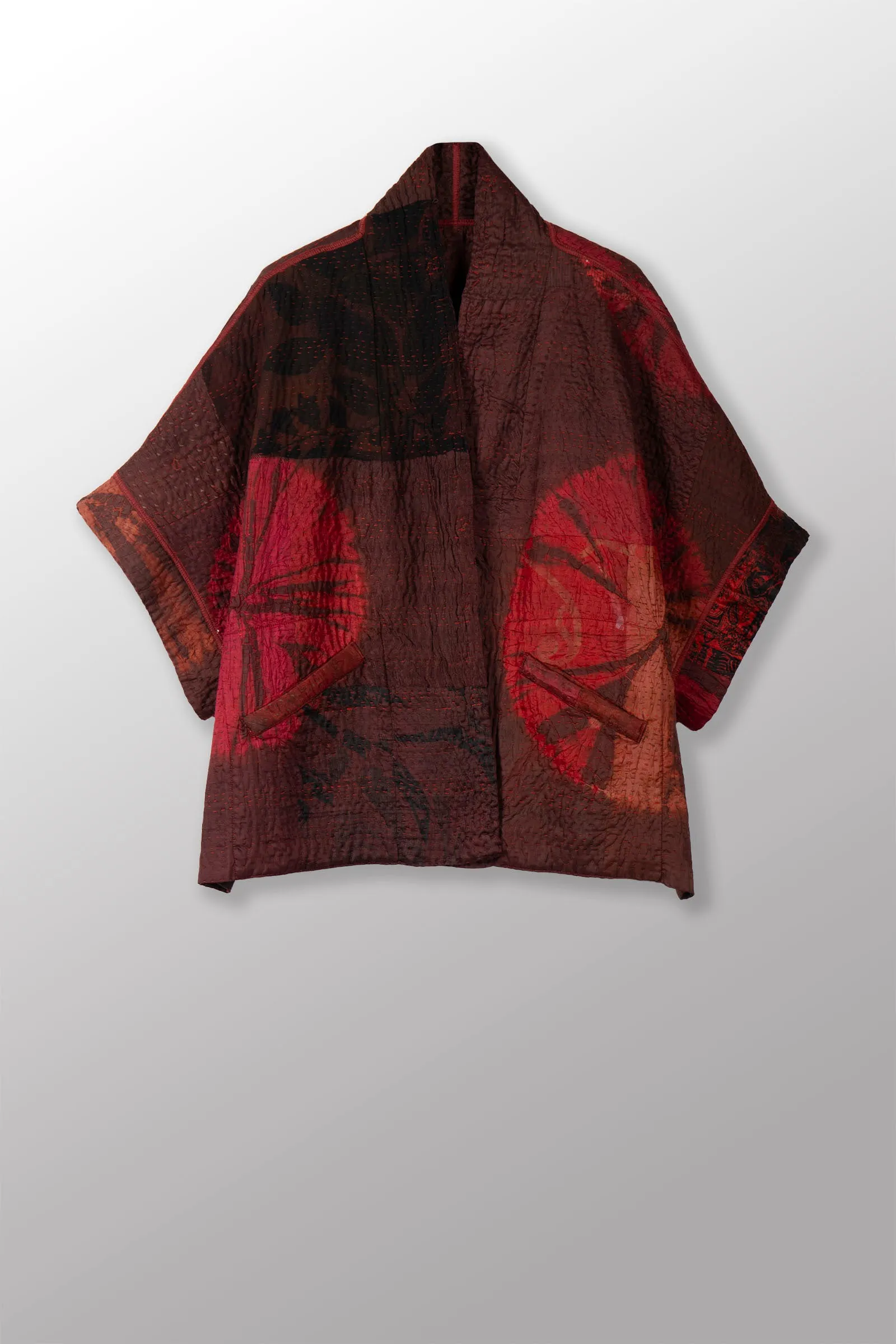 TIE DYE CIRCLE SHIBORI KANTHA MINI PONCHO - td4060-brn -