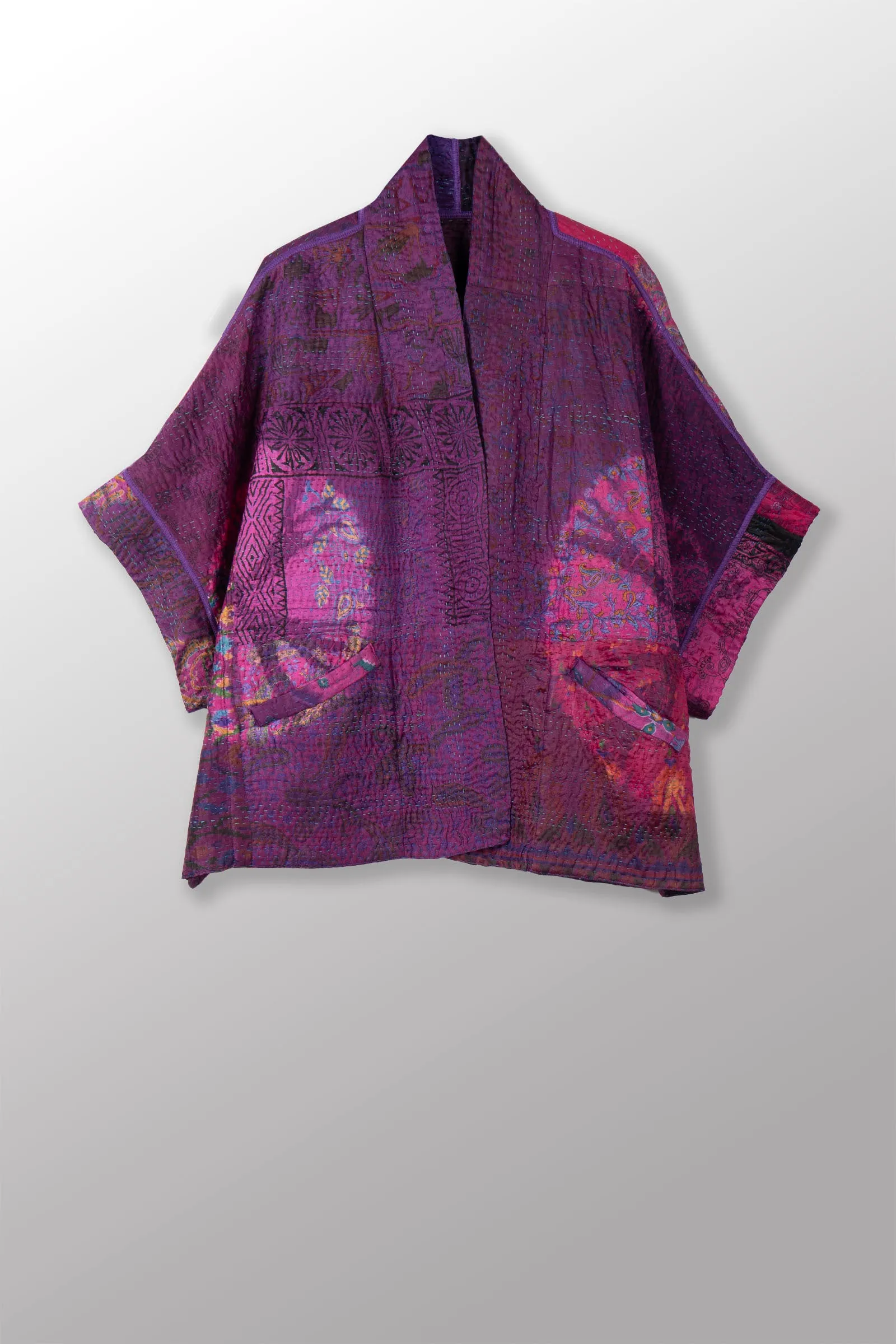 TIE DYE CIRCLE SHIBORI KANTHA MINI PONCHO - td4060-prp -