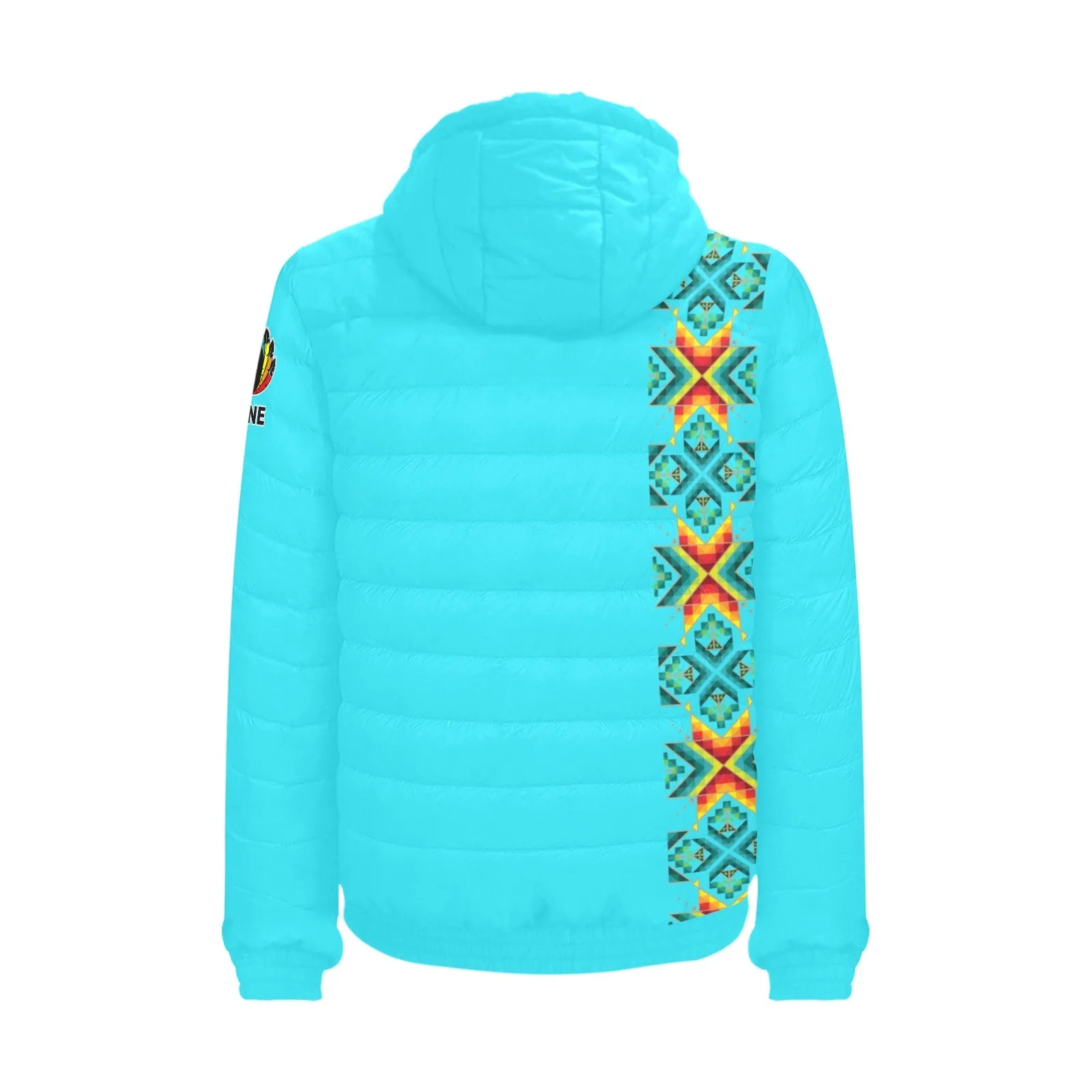 Turquoise Blanket Strip Men's Padded Hooded Jacket