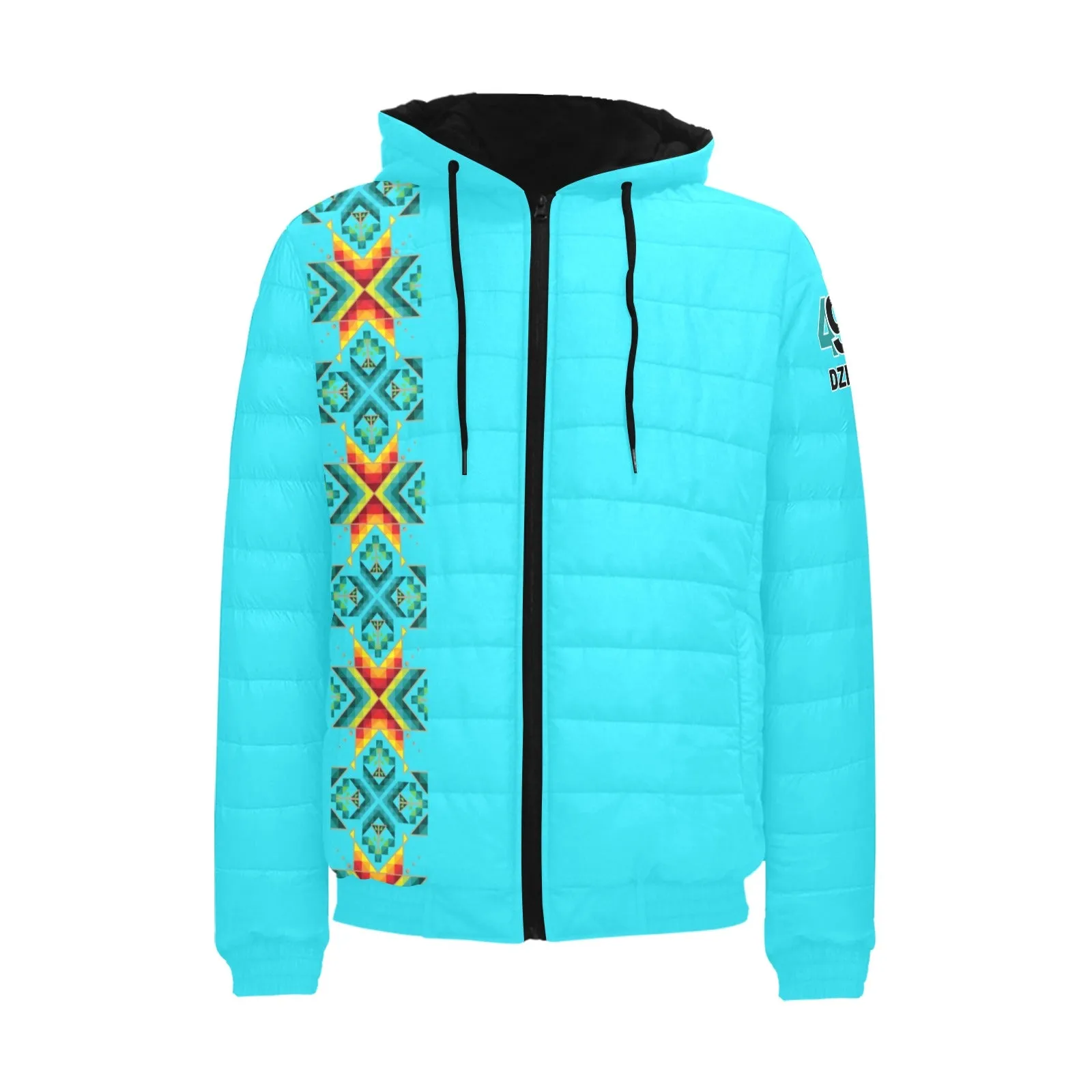 Turquoise Blanket Strip Men's Padded Hooded Jacket