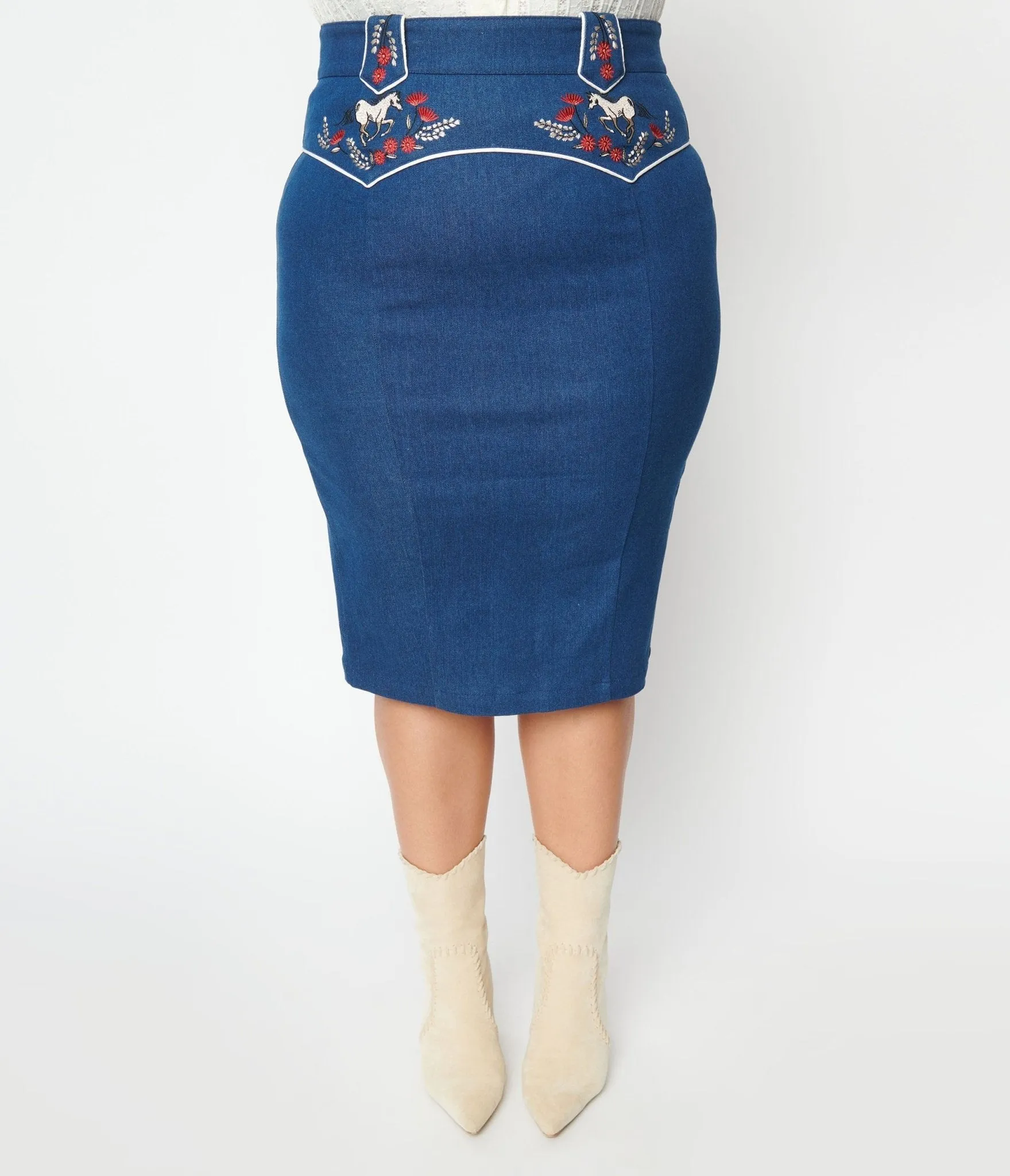 Unique Vintage Plus Size Blue Denim Western Embroidered Wiggle Skirt