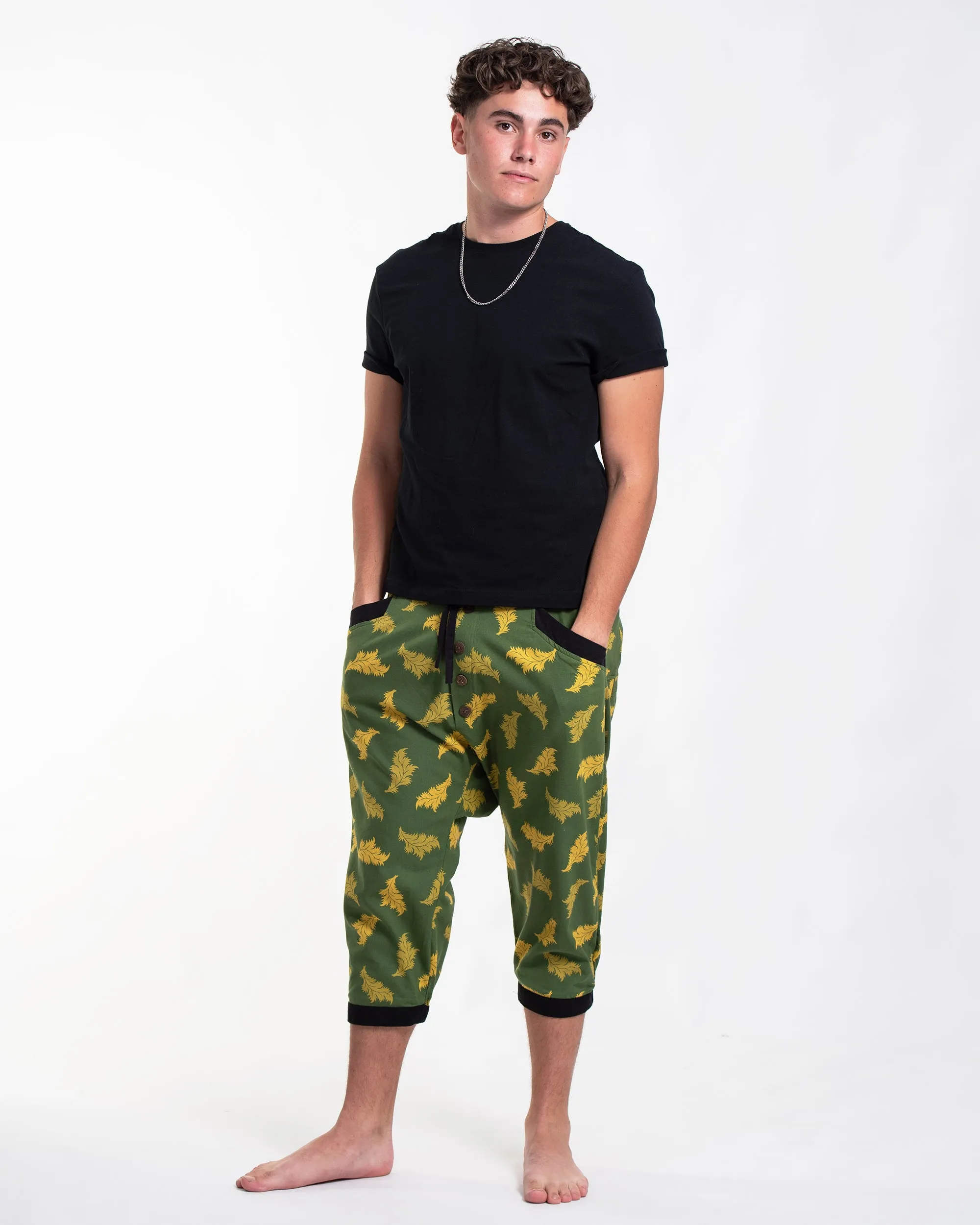 Unisex Leaves Harem Pants with Faux Buttons in Green