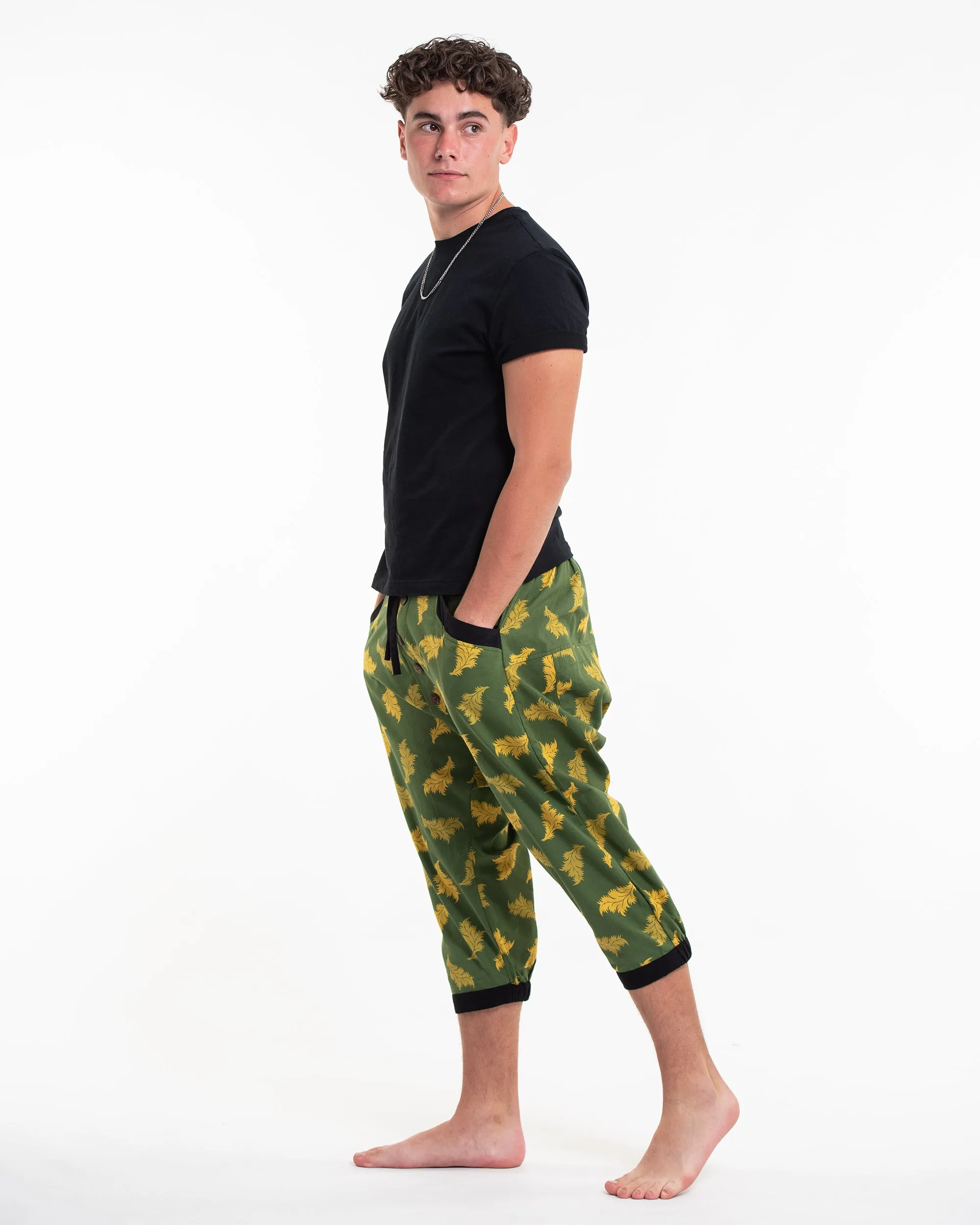 Unisex Leaves Harem Pants with Faux Buttons in Green