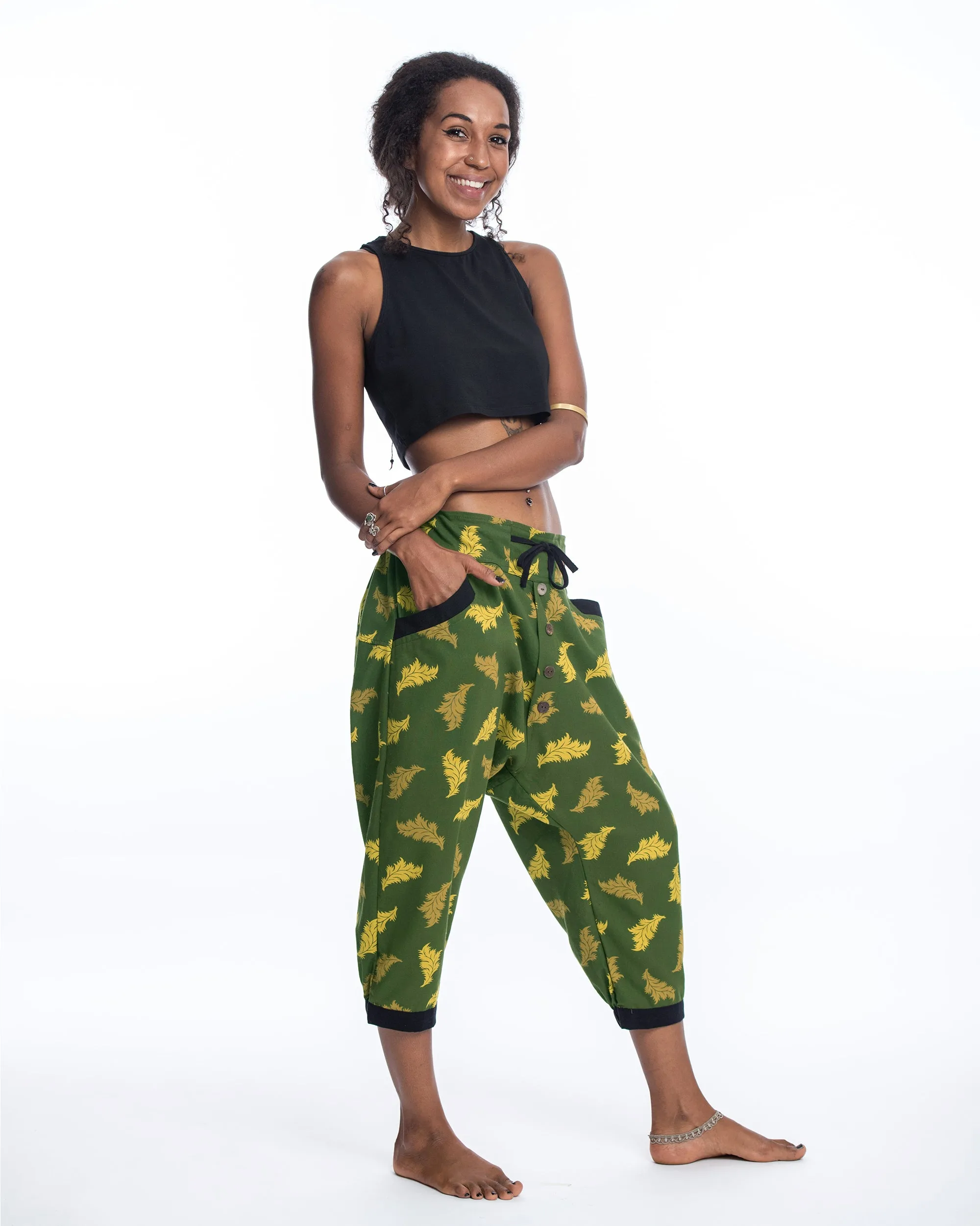 Unisex Leaves Harem Pants with Faux Buttons in Green