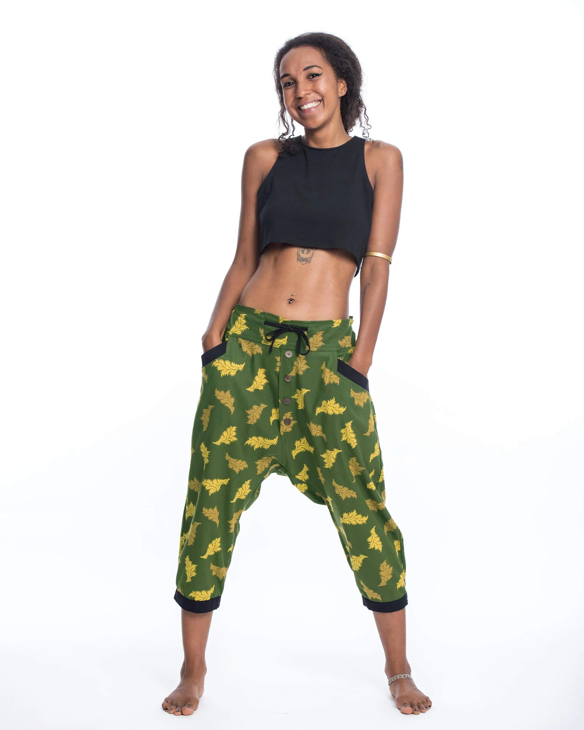 Unisex Leaves Harem Pants with Faux Buttons in Green