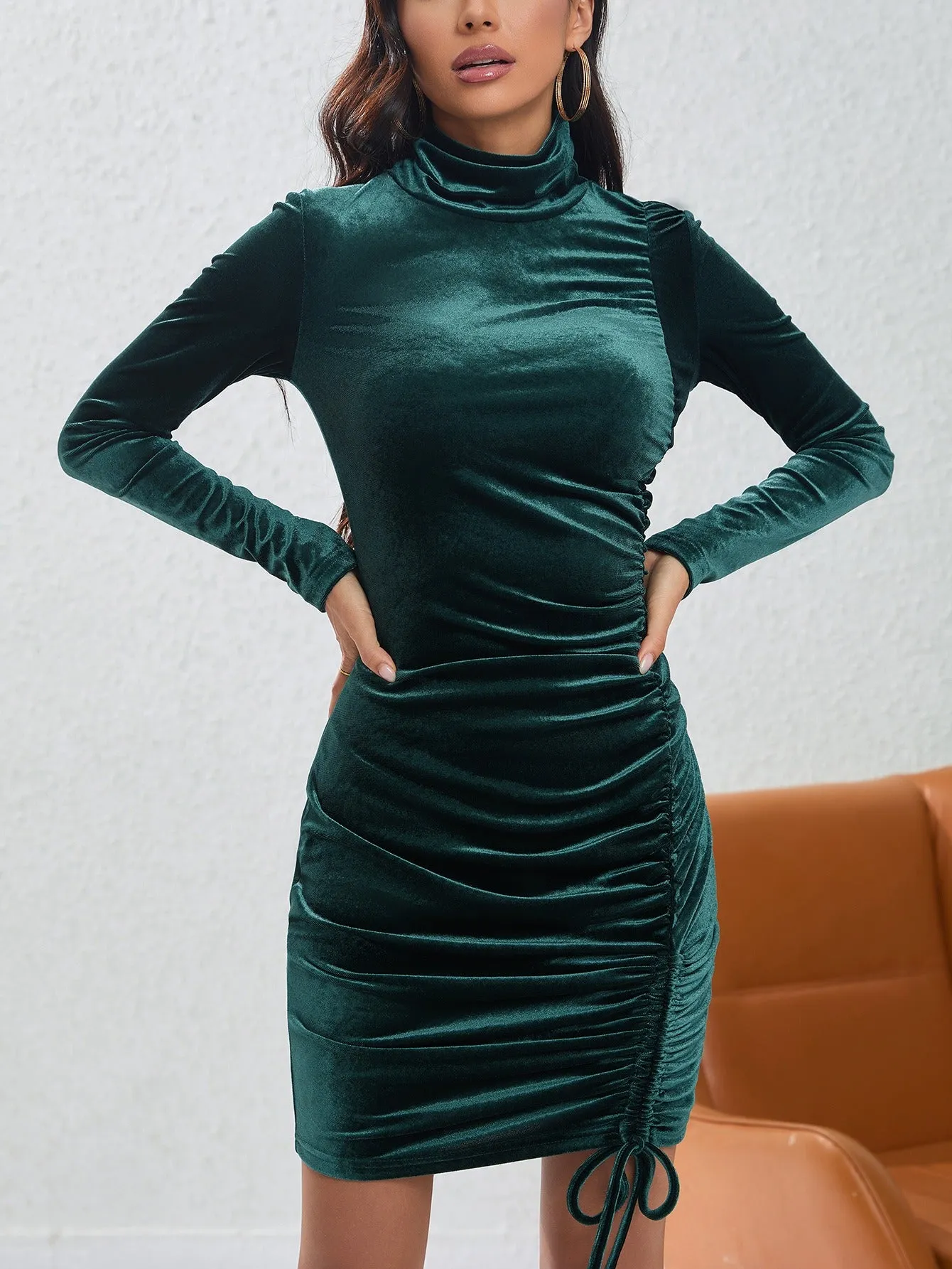 Velvet Turtleneck Long Sleeve Ruched Drawstring Bodycon Mini Dress (Blackish Green/Black)