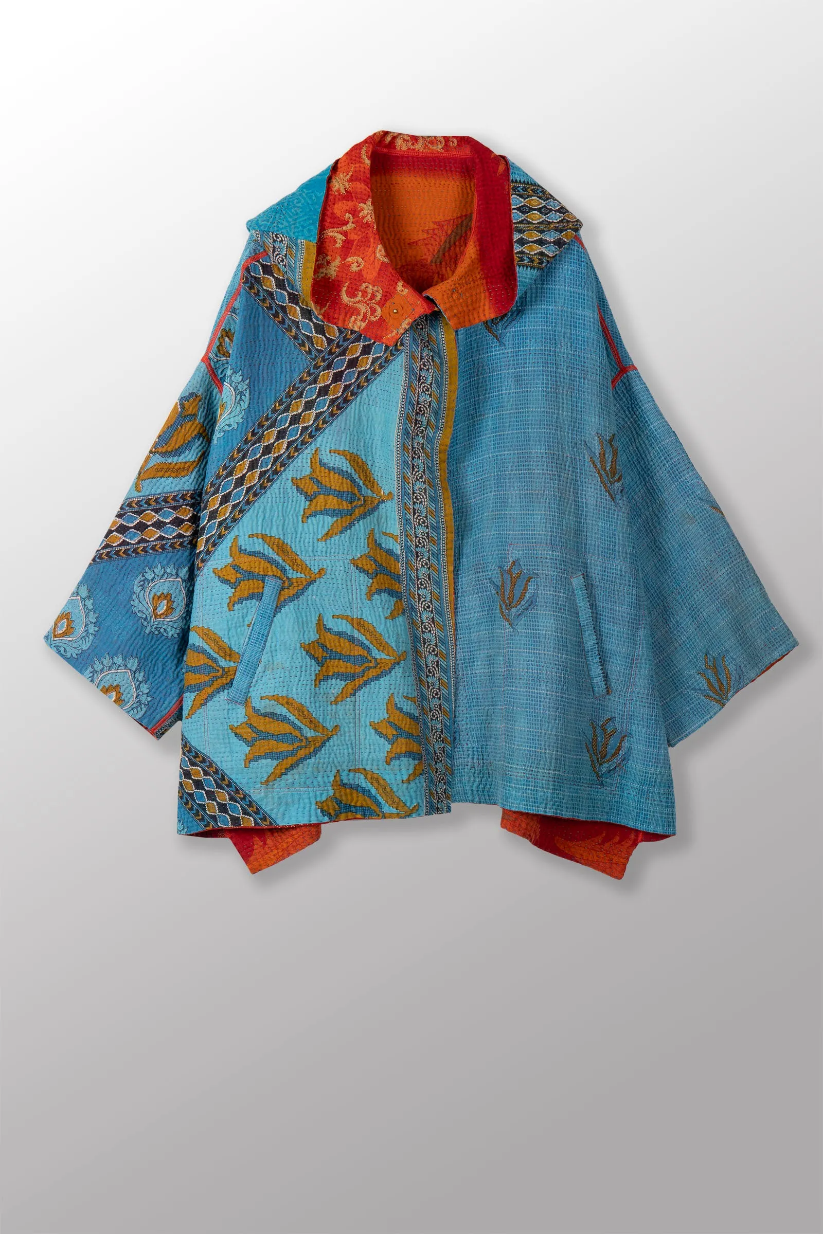 VINTAGE COTTON KANTHA HOODIE PONCHO - cv4064-0027a -