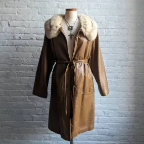 Vintage Minimalist Leather Penny Lane Trench Coat Belted Genuine Fox Fur Jacket