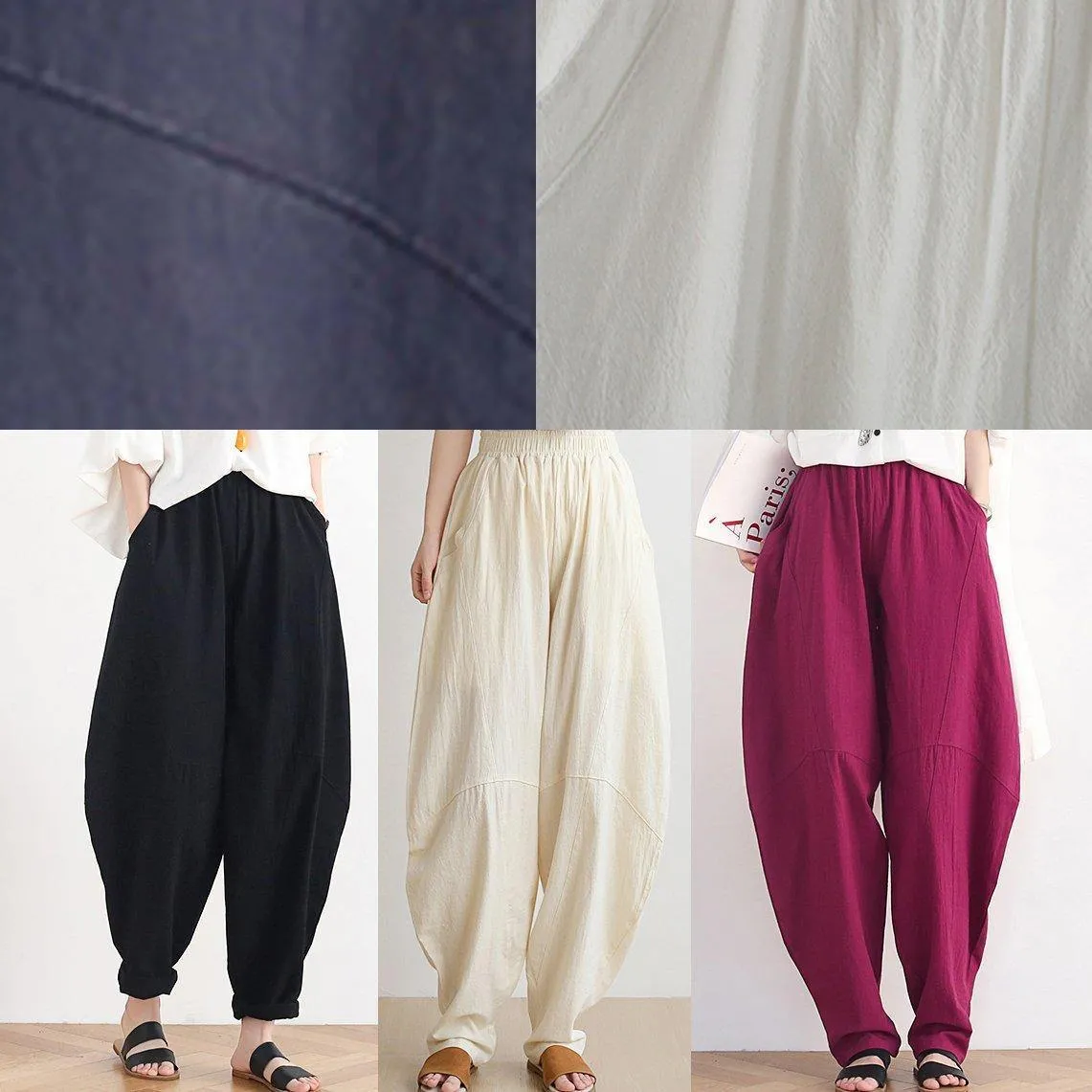 Vintage white cotton and linen loose casual trousers Zen lantern pants