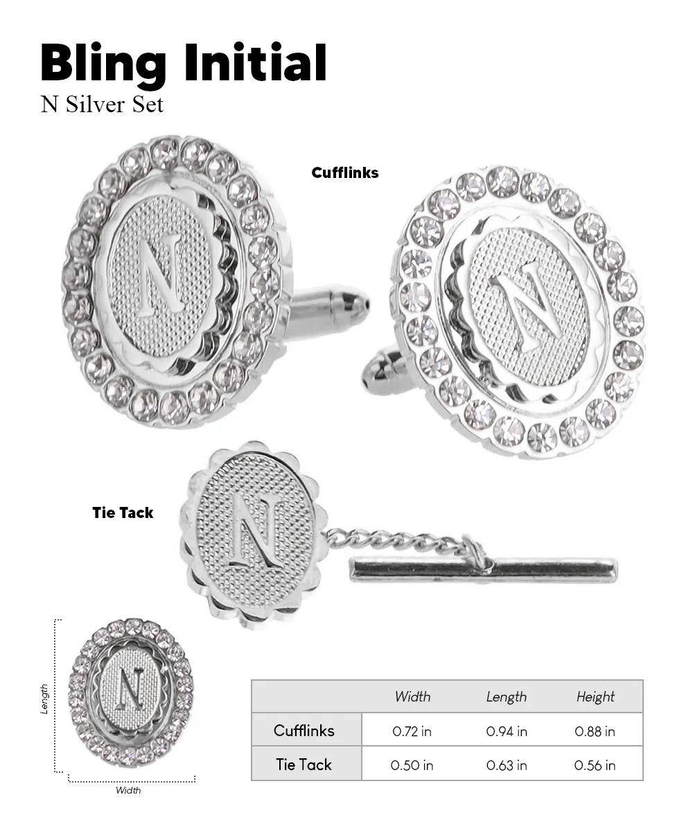 Vittorio Vico Bling Initial Cufflinks & Tie Tack Set in Gift Box