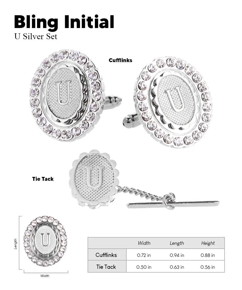 Vittorio Vico Bling Initial Cufflinks & Tie Tack Set in Gift Box